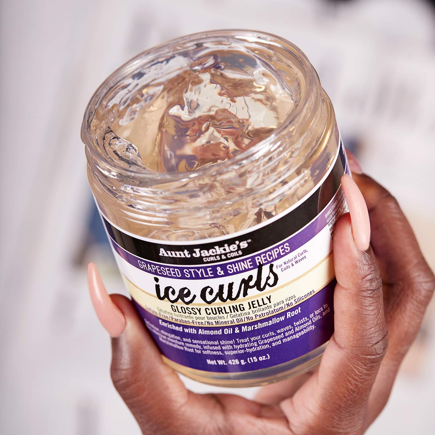 Aunt Jackie's Ice Curls glossy jelly on waves showcasing shine and curl definition.