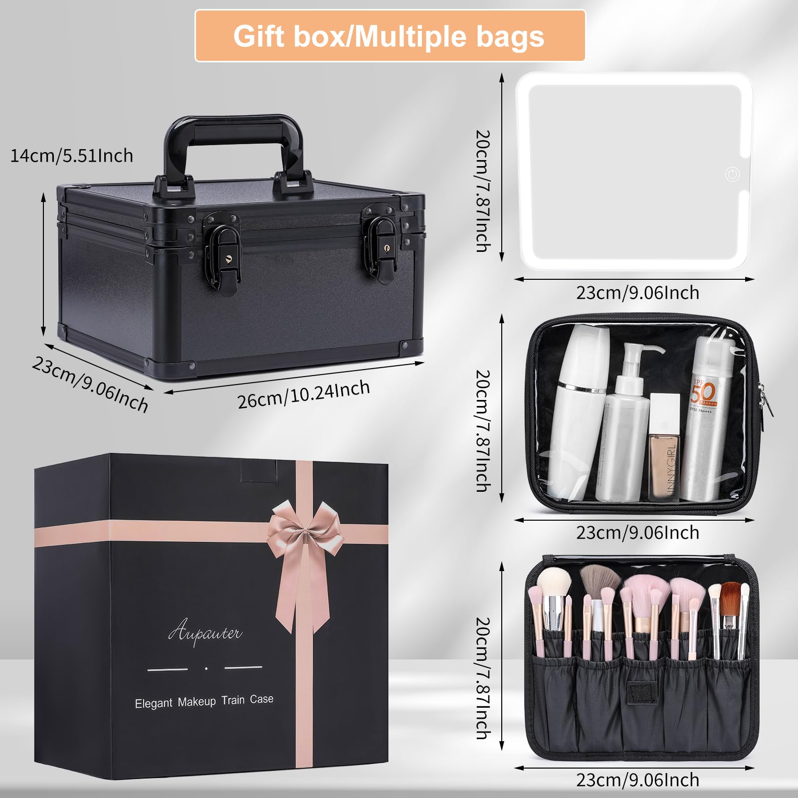 Aupauter makeup box LED mirror open with dividers showing customizable storage