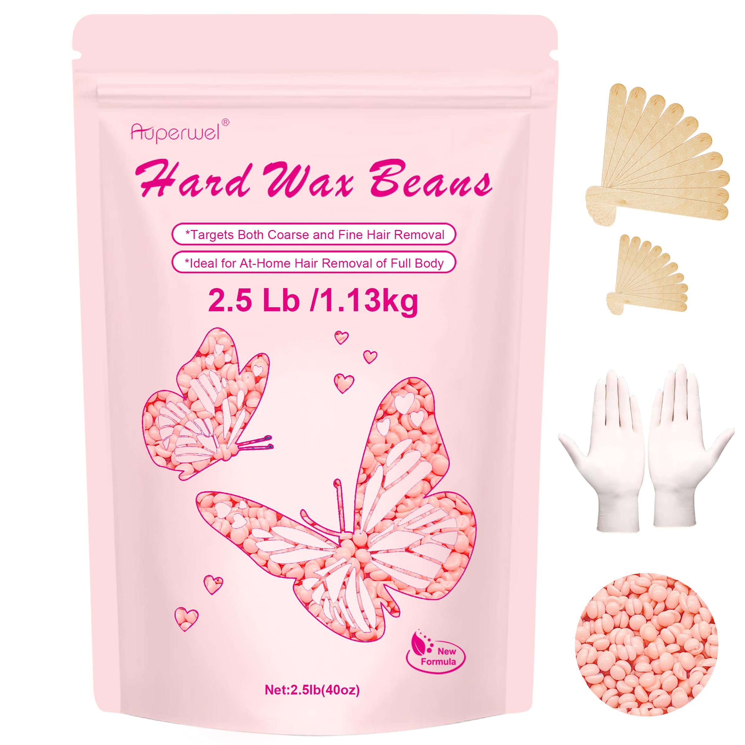Auperwel wax beads rose packaging highlights gentle formula for sensitive skin