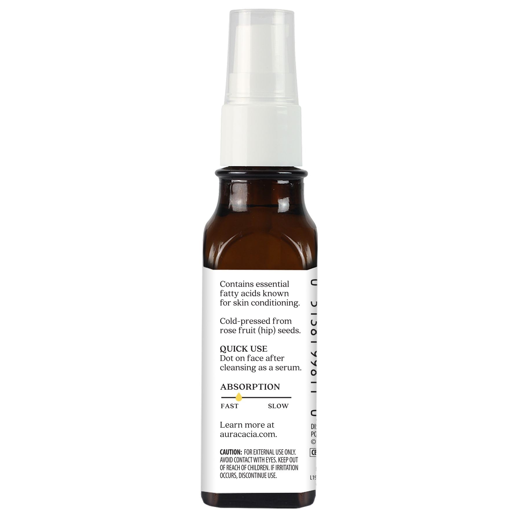 Aura Cacia Organic Rosehip Oil bottle closeup focuses on packaging detail.