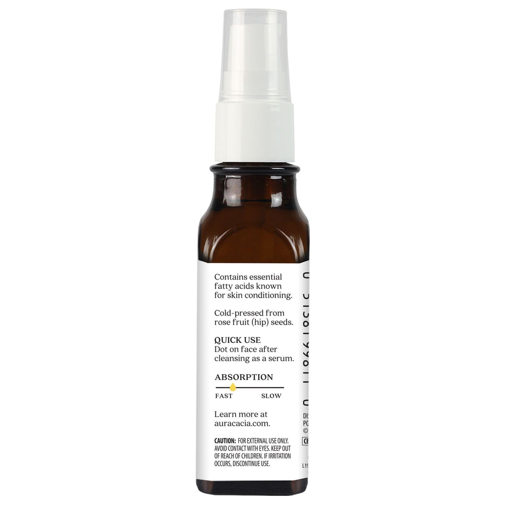 Aura Cacia Organic Rosehip Oil bottle closeup focuses on packaging detail.