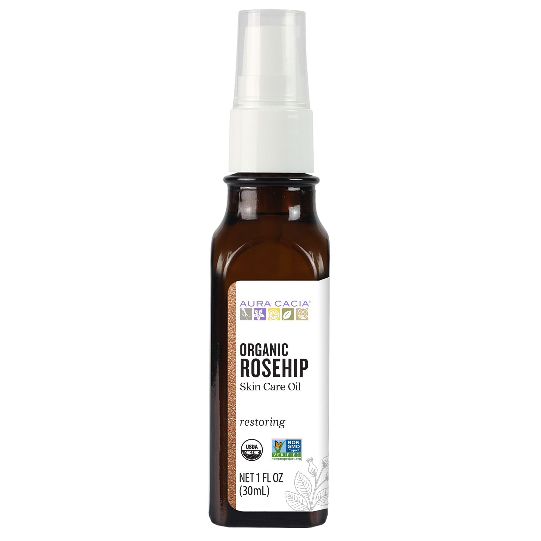 Aura Cacia Organic Rosehip Skin Care Oil bottle promotes facial nourishment.