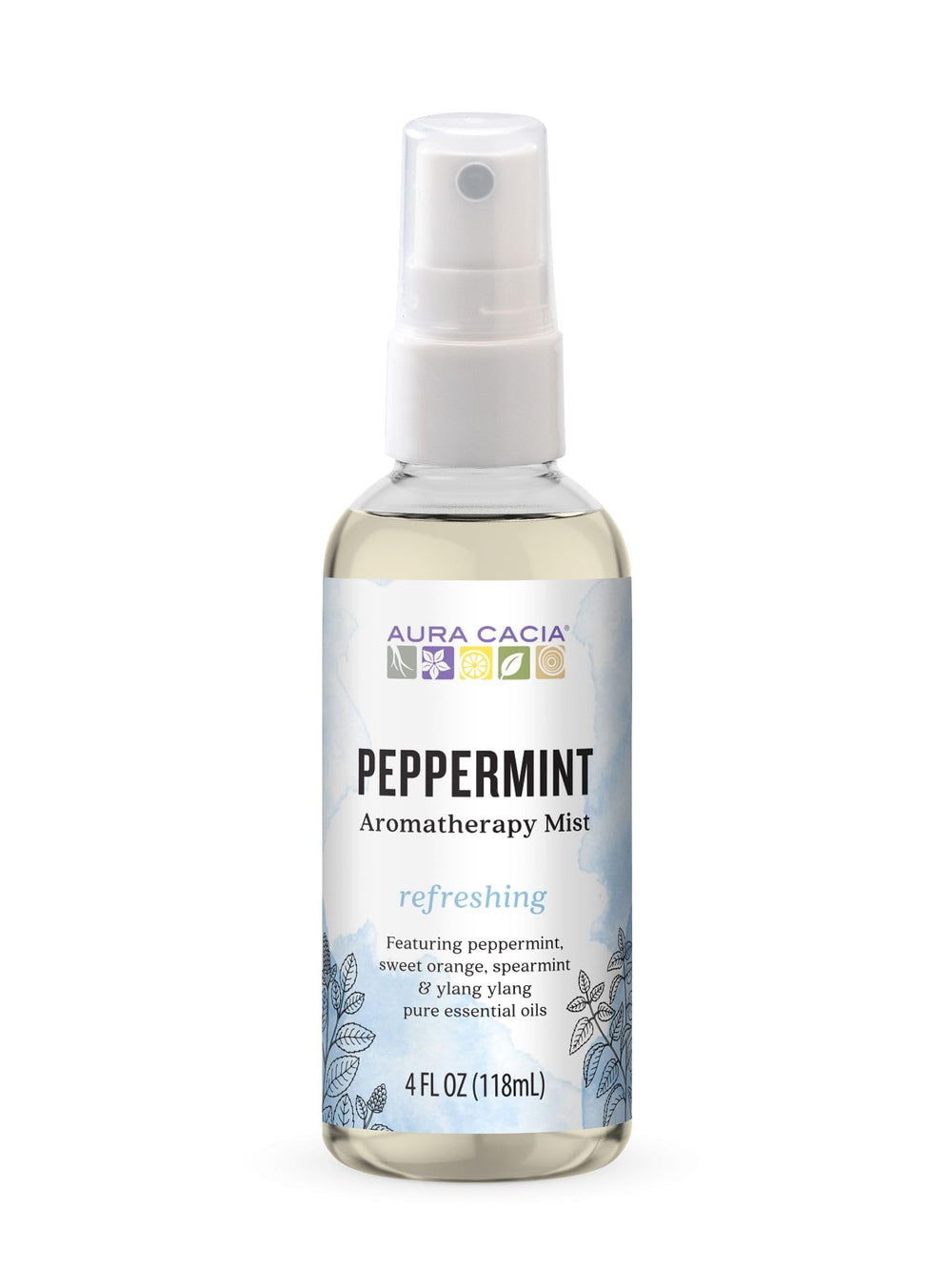 Aura Cacia refreshing peppermint room mist bottle for uplifting scent.