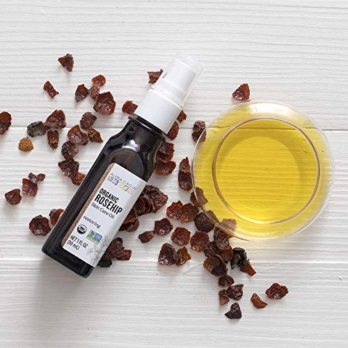 Aura Cacia Rosehip Oil ingredients label highlights single botanical formulation.