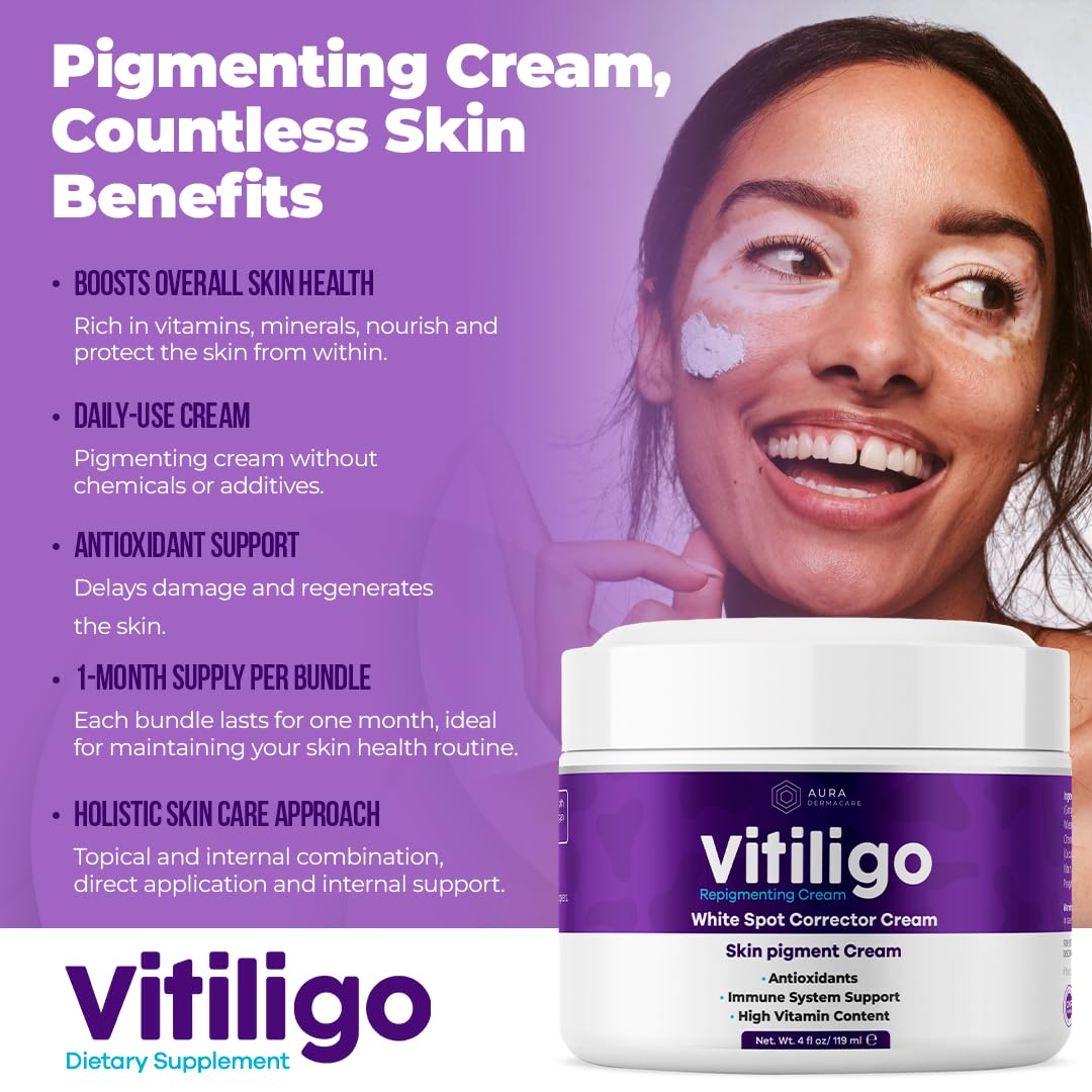 Aura Dermacare Vitiligo Cream ingredients include Polypodium Leucotomos supporting pigmentation.