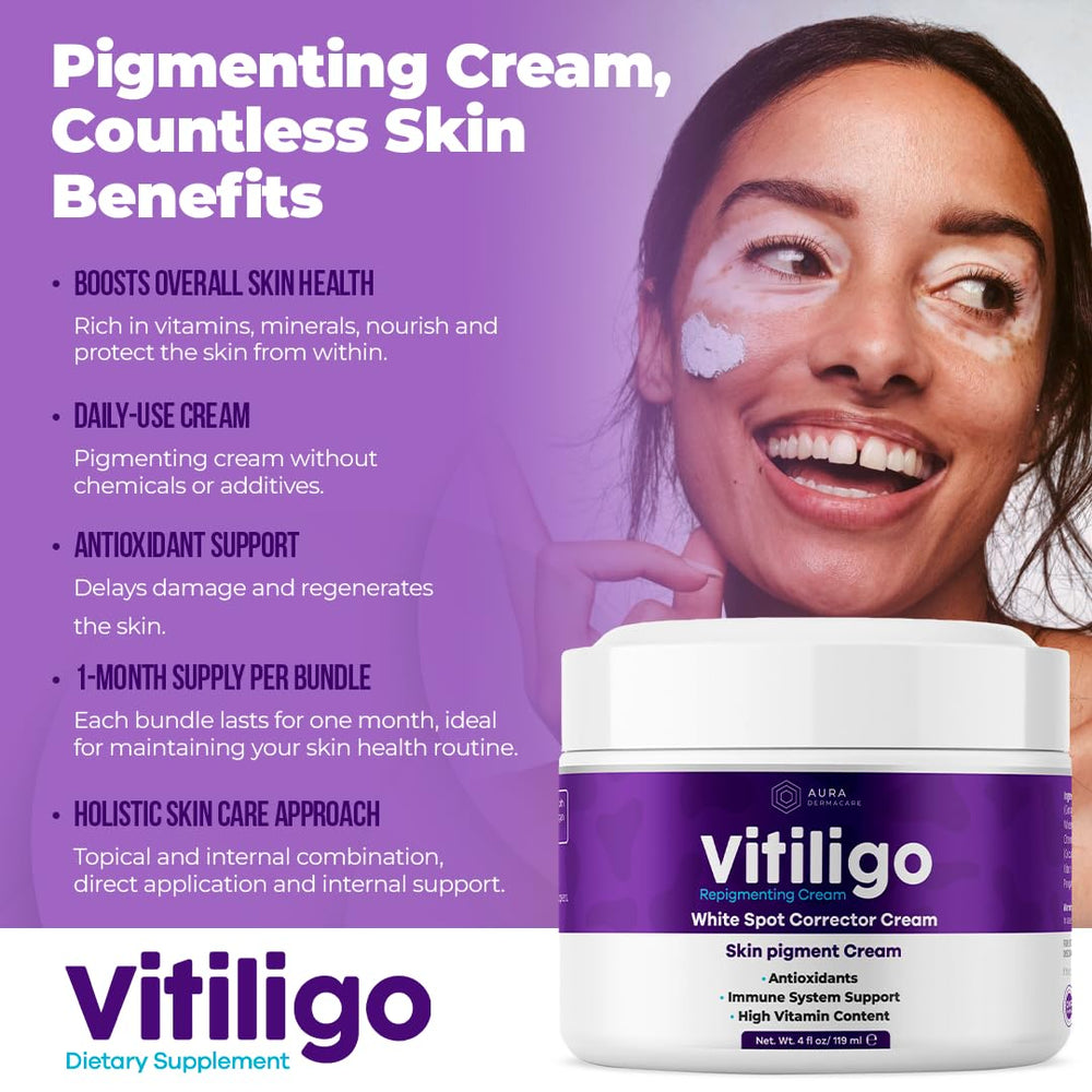 Aura Dermacare Vitiligo Cream ingredients include Polypodium Leucotomos supporting pigmentation.