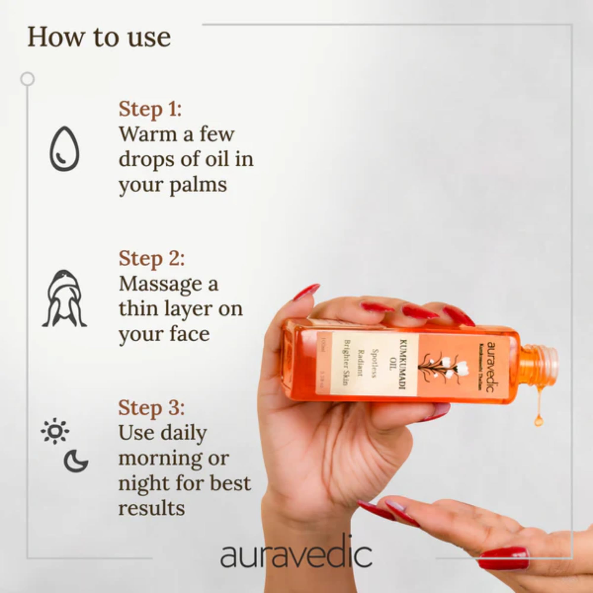 Auravedic Kumkumadi Oil amber bottle conveys premium Ayurvedic care.