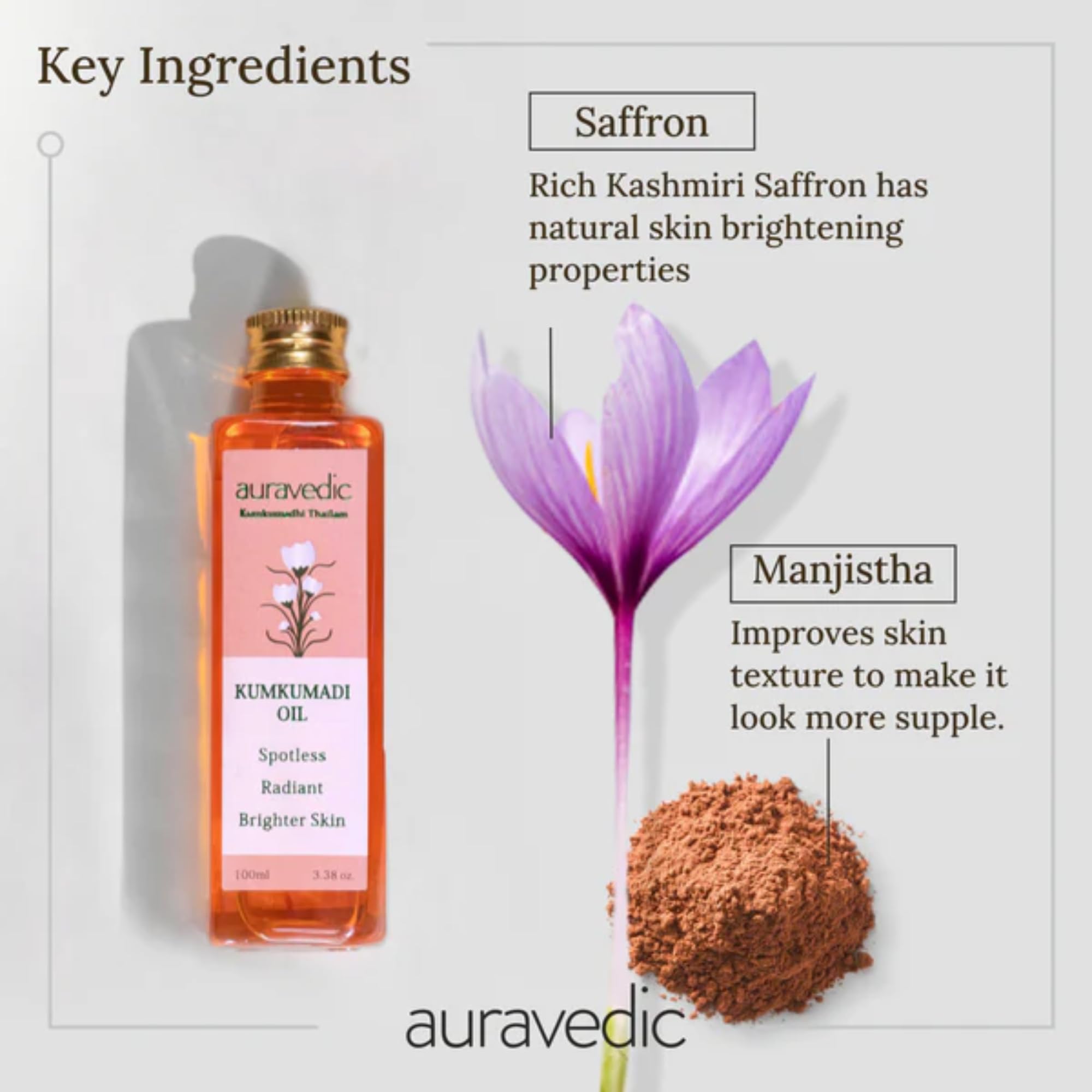 Auravedic Kumkumadi Oil in night routine setting conveys calming restorative ritual.