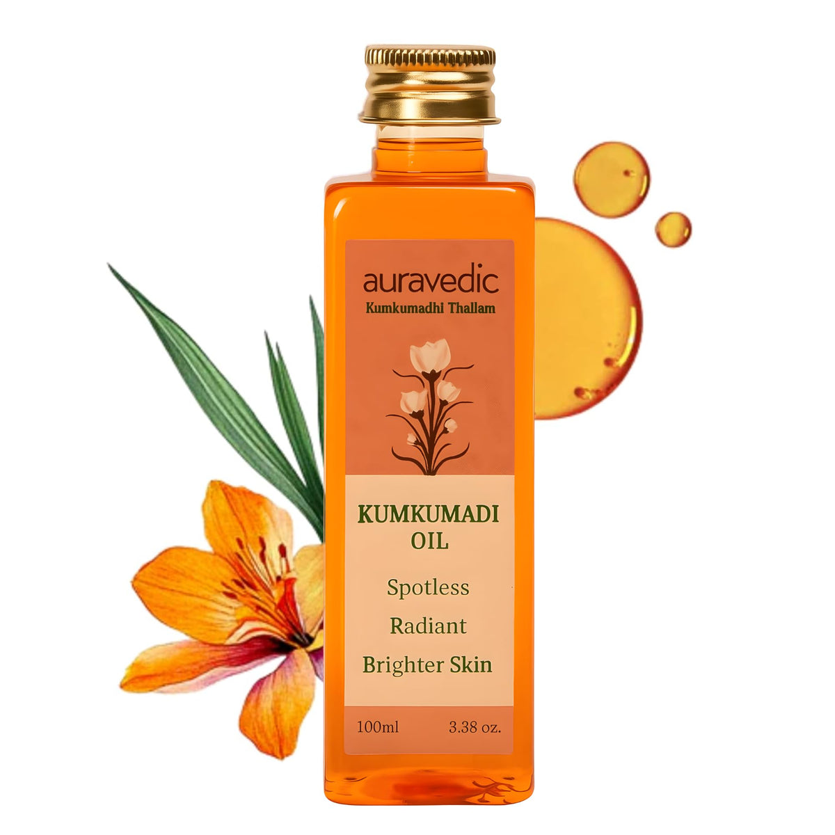 Auravedic Kumkumadi Oil saffron bottle showcasing radiant glow and lightweight hydration.