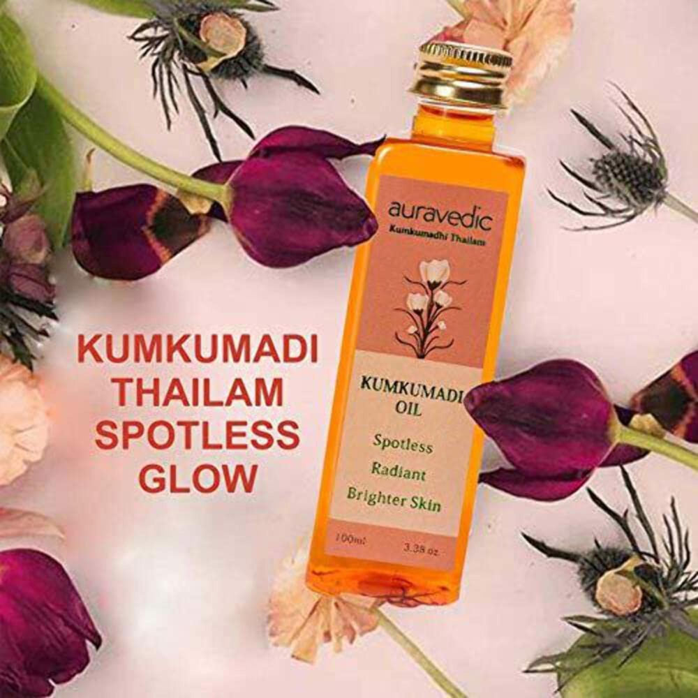 Auravedic Kumkumadi Oil texture swirl highlights silky, fast absorbing formula.