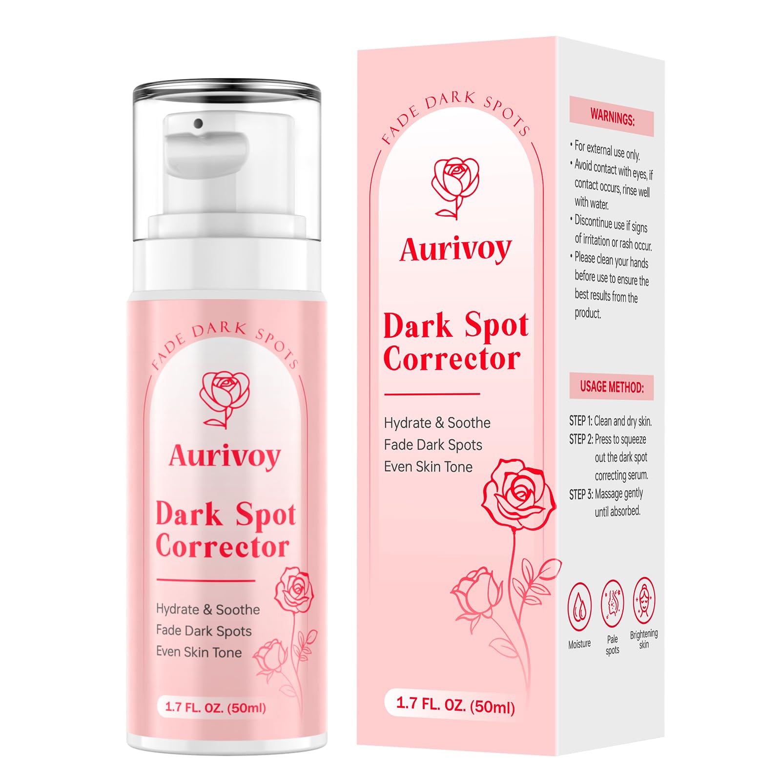 Aurivoy dark spot remover bottle closeup showing silky texture and lightweight hydration.