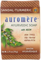 Auromere sandal-turmeric-bar-soap-packaging highlights eco-friendly, zero-waste design for mindful routines.