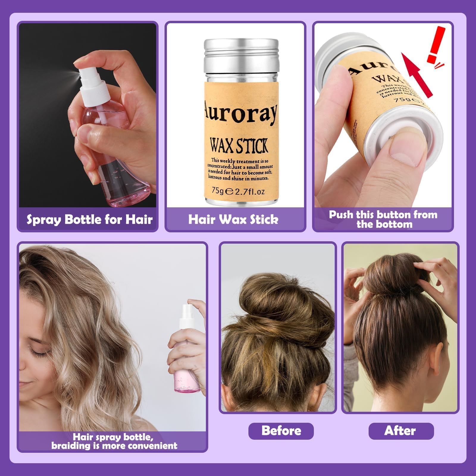 Auroray hair wax stick closeup for smoothing flyaways and frizz control