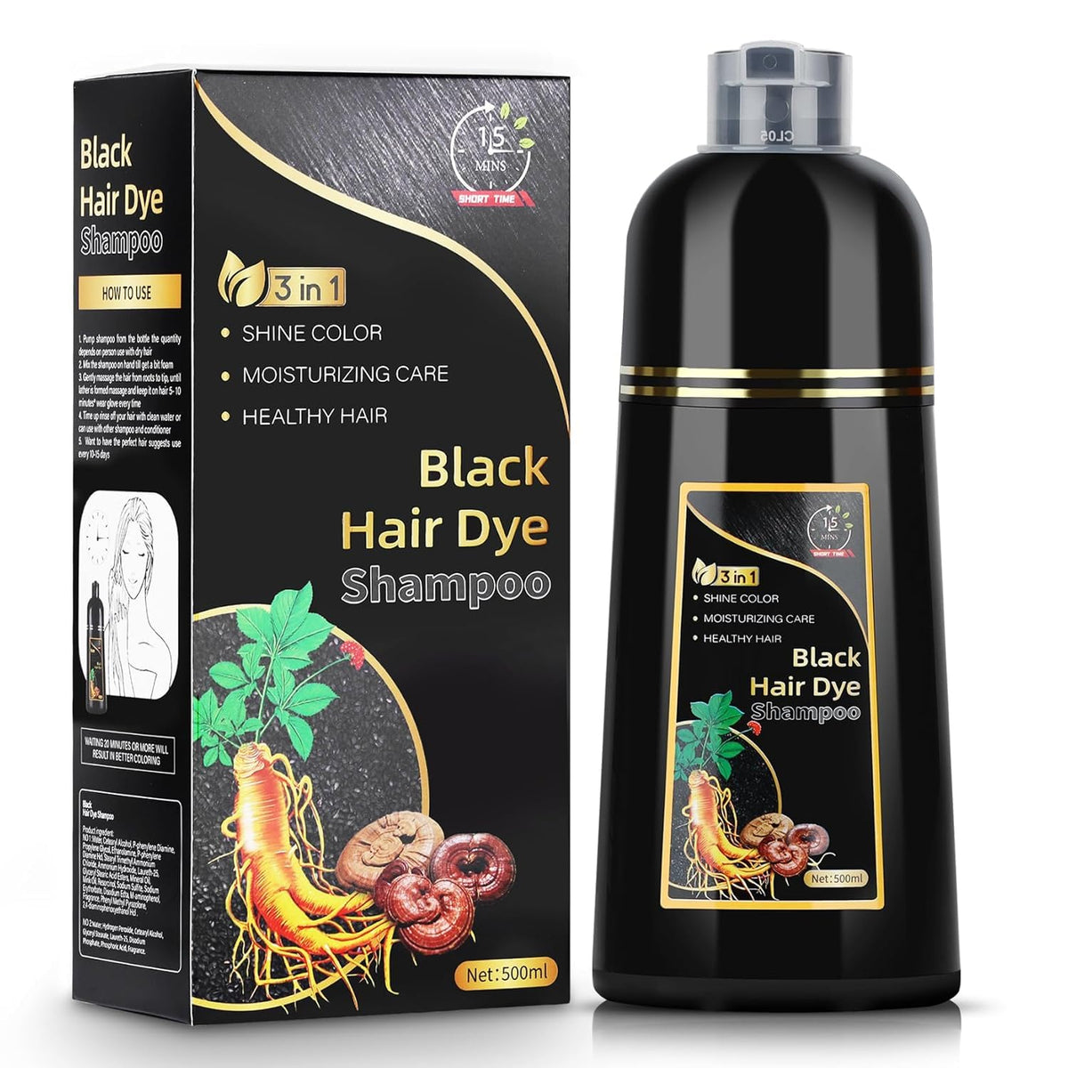 AUSGREER black hair dye shampoo bottle showing instant gray coverage for confidence