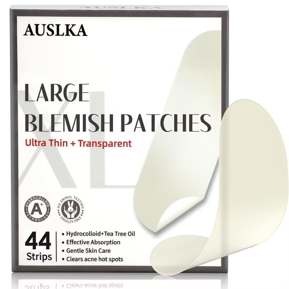 AUSLKA blemishes patches 44-strip pack applied for targeted breakout coverage.