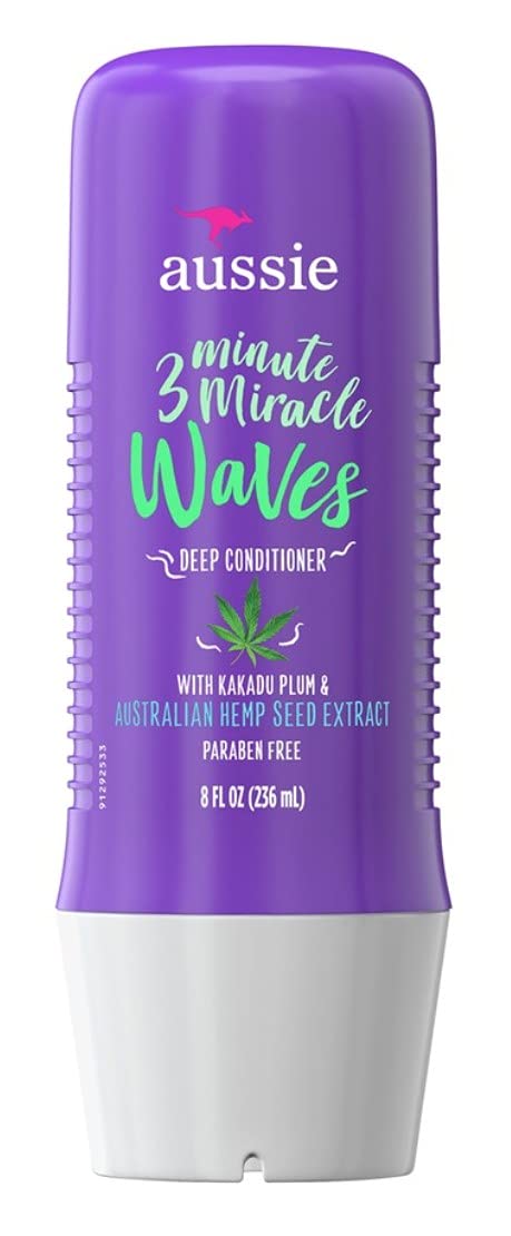 Aussie 3 Minute Miracle Waves packaging close-up showing a convenient 8 oz tub