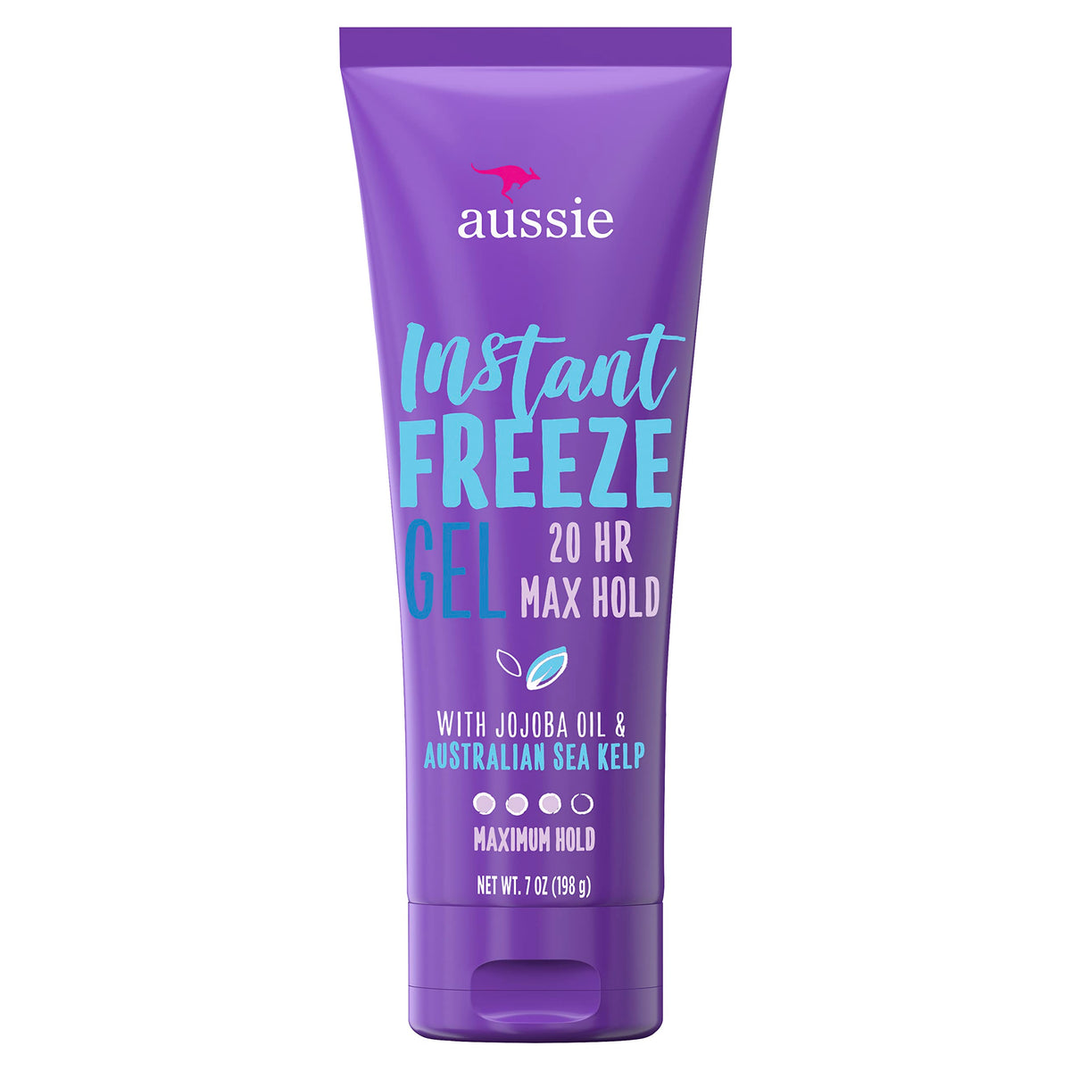Aussie Instant Freeze gel bottle front view highlights strong hold for defined styles.