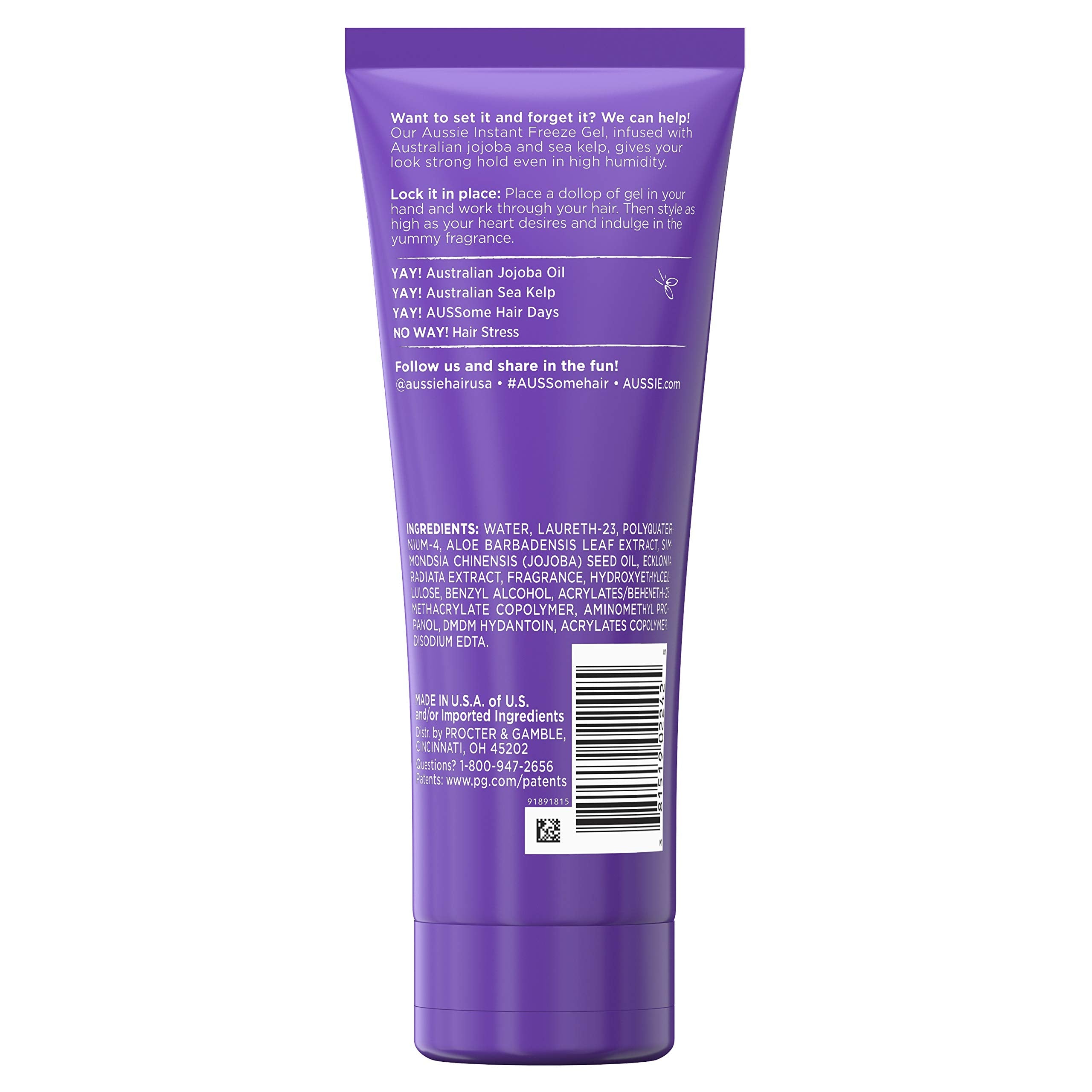 Aussie Instant Freeze gel bottle beside styled hair showcases up to 20-hour hold.