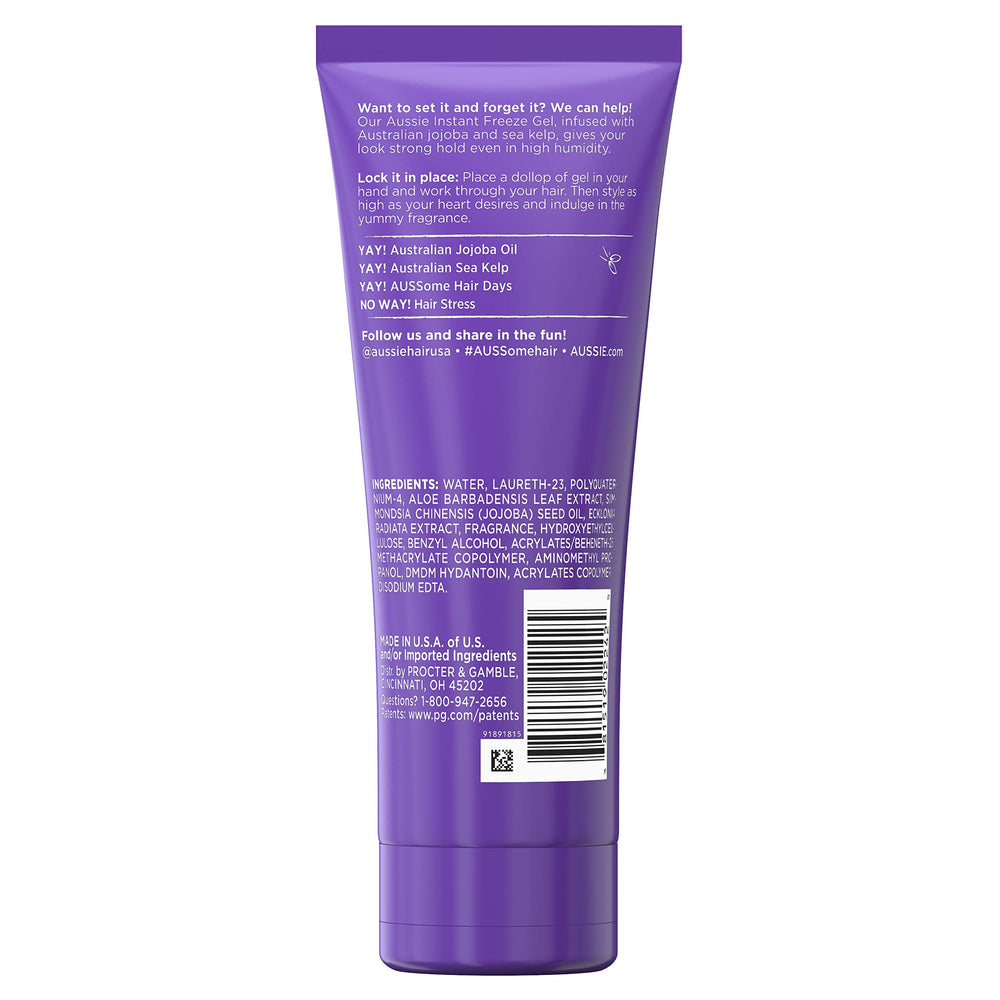 Aussie Instant Freeze gel bottle beside styled hair showcases up to 20-hour hold.
