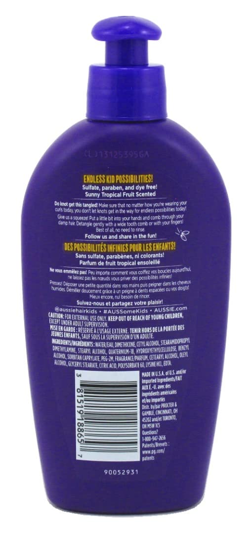 Aussie Kids Curly Detangling Milk bottle back view shows sulfate-free, dye-free formula for gentle care.
