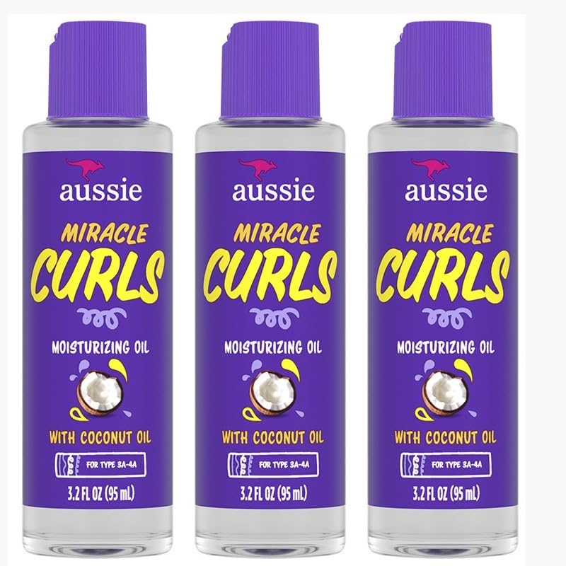 Aussie Miracle Curls oil bottle closeup for hydrated, shiny curls.
