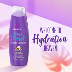 Aussie Miracle Moist conditioner bottle ideal for slip-through softness and detangling.