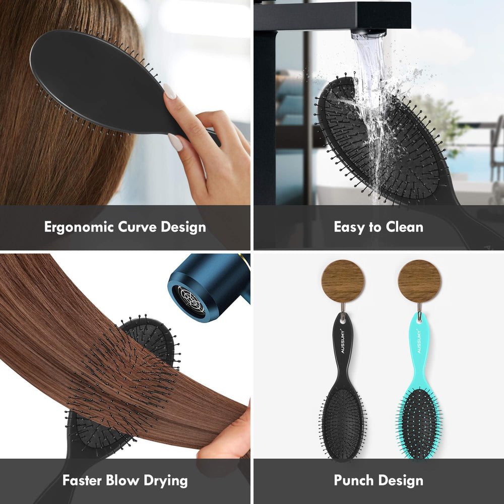Aussumy detangling brush works on all hair types from straight to curly.
