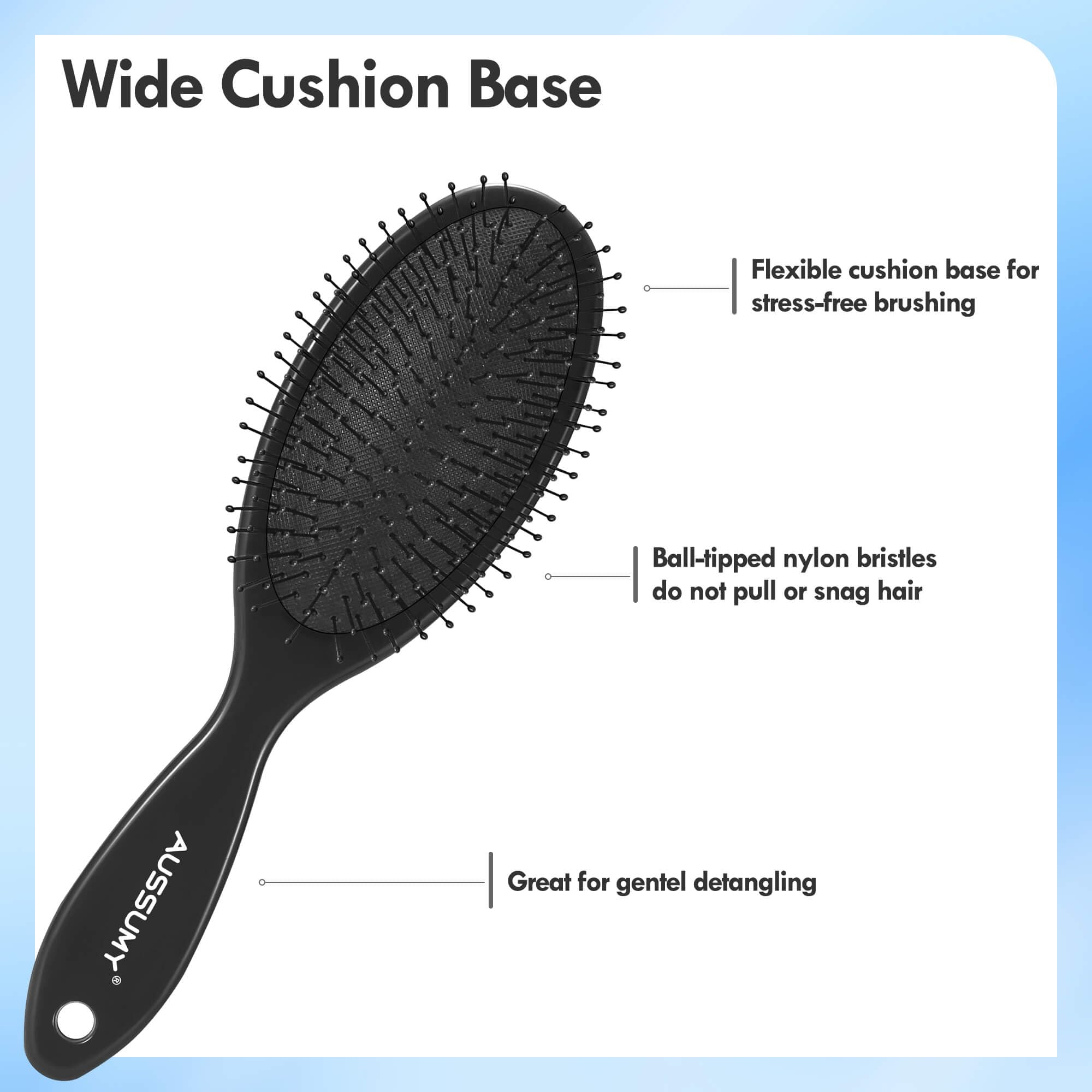Aussumy detangling brush hanging hole design for easy bathroom storage.