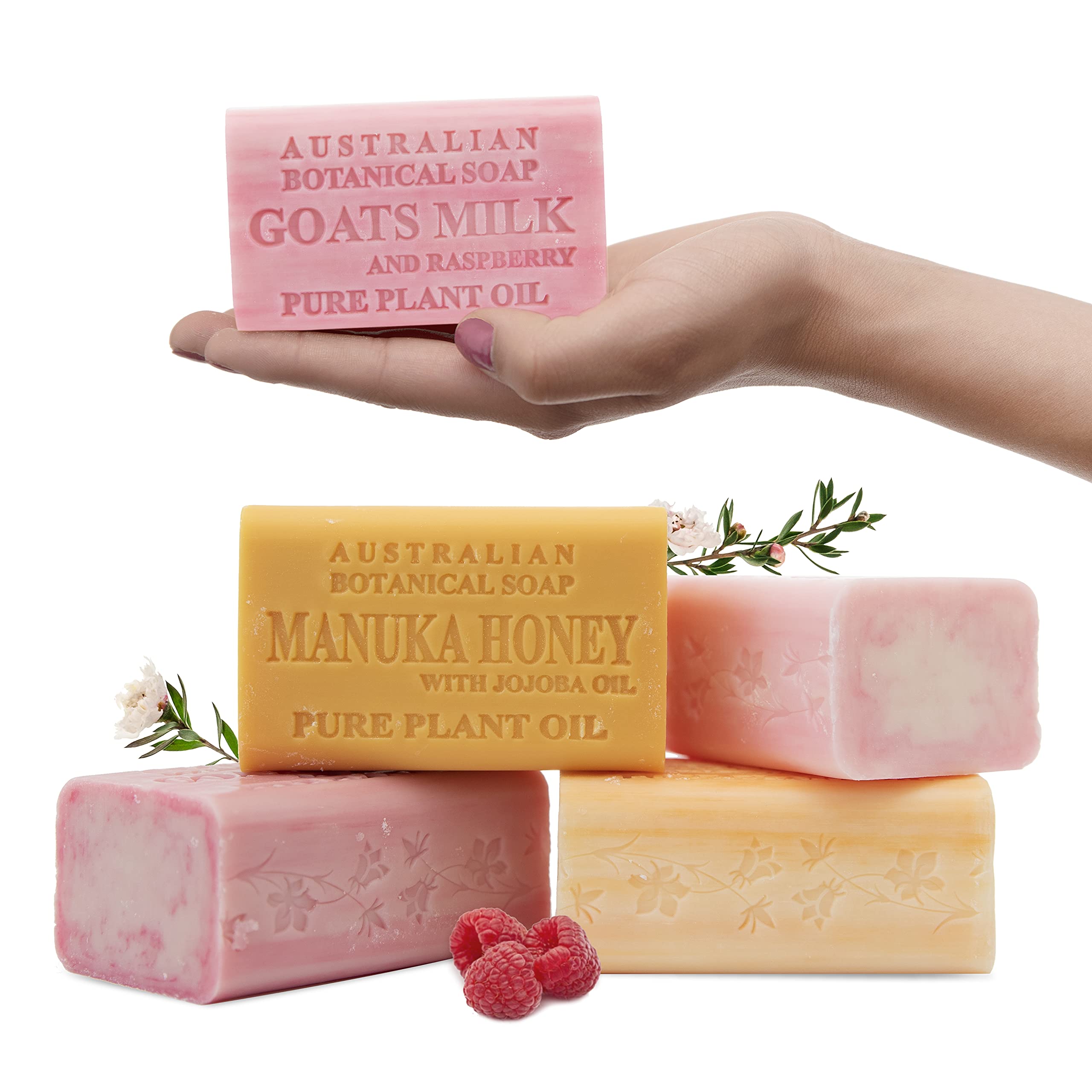 Australian Botanical Goat Milk Soap Raspberry bar delivers a creamy, hydrating cleanse.