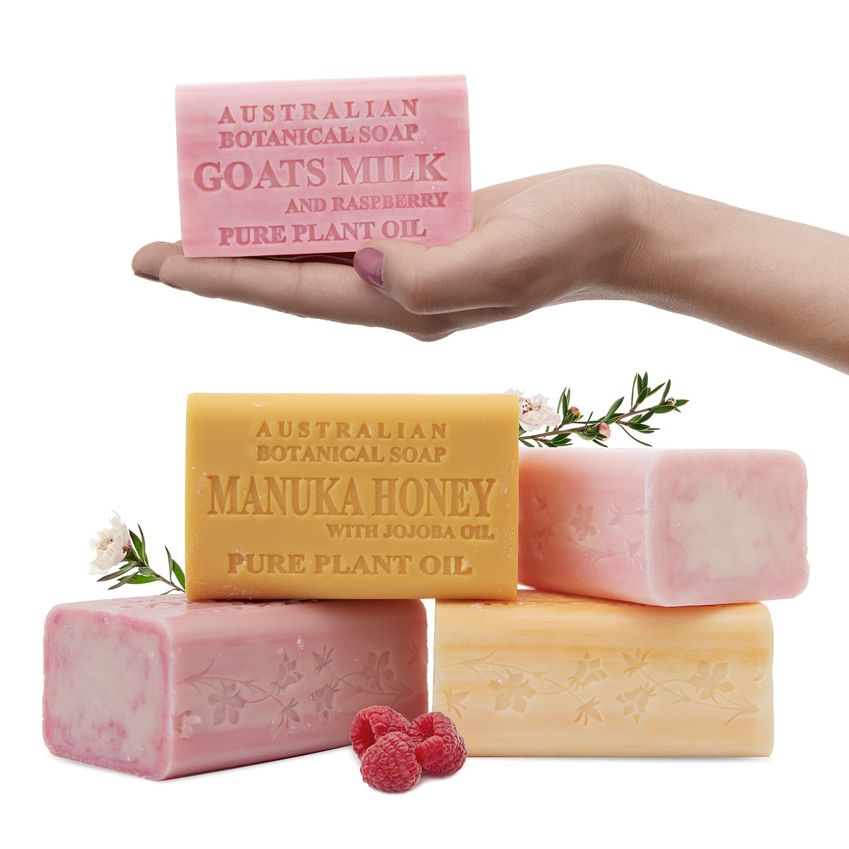 Australian Botanical Goat Milk Soap Raspberry bar delivers a creamy, hydrating cleanse.