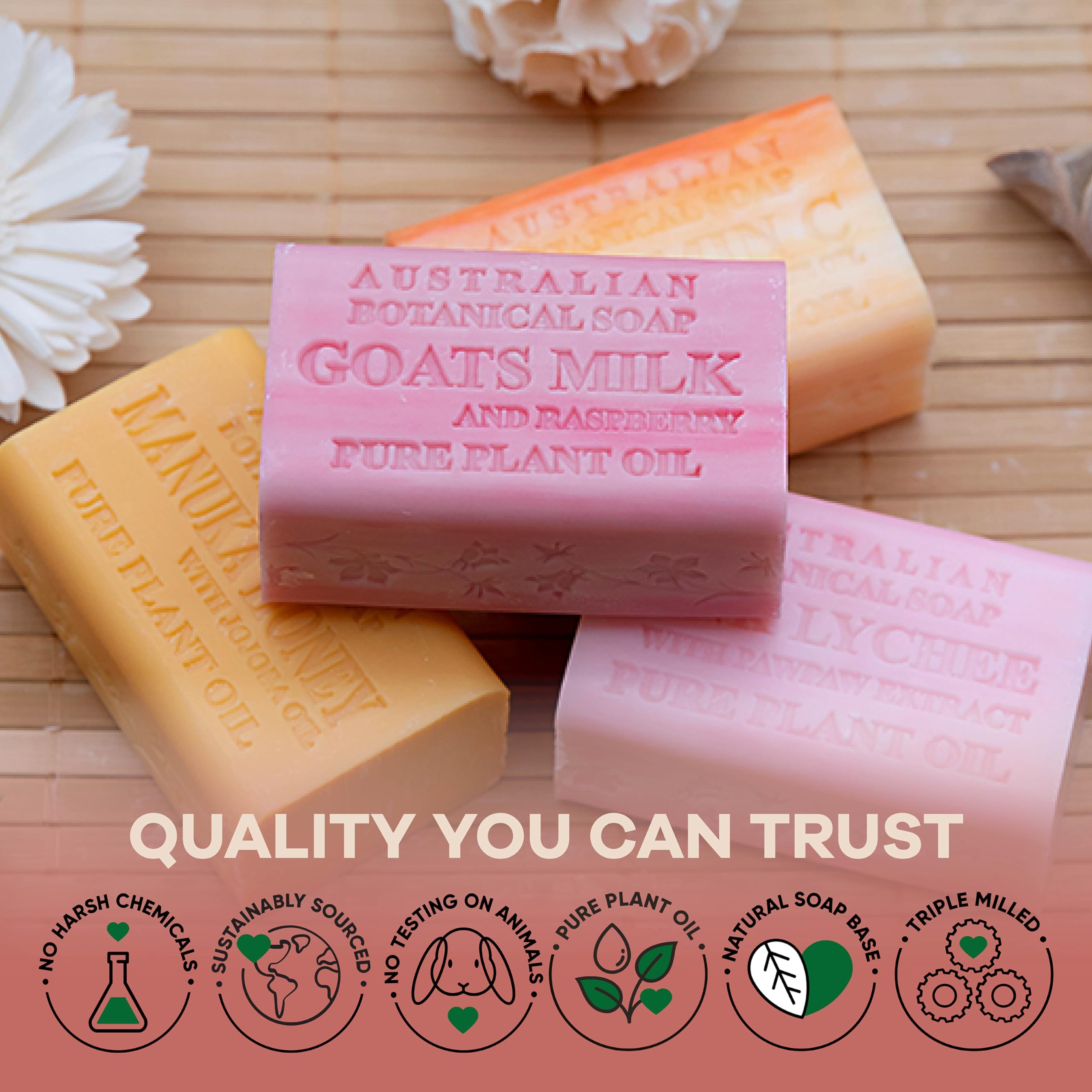 Australian Botanical Goat Milk Soap Shea Butter enriched for hydration and softness.