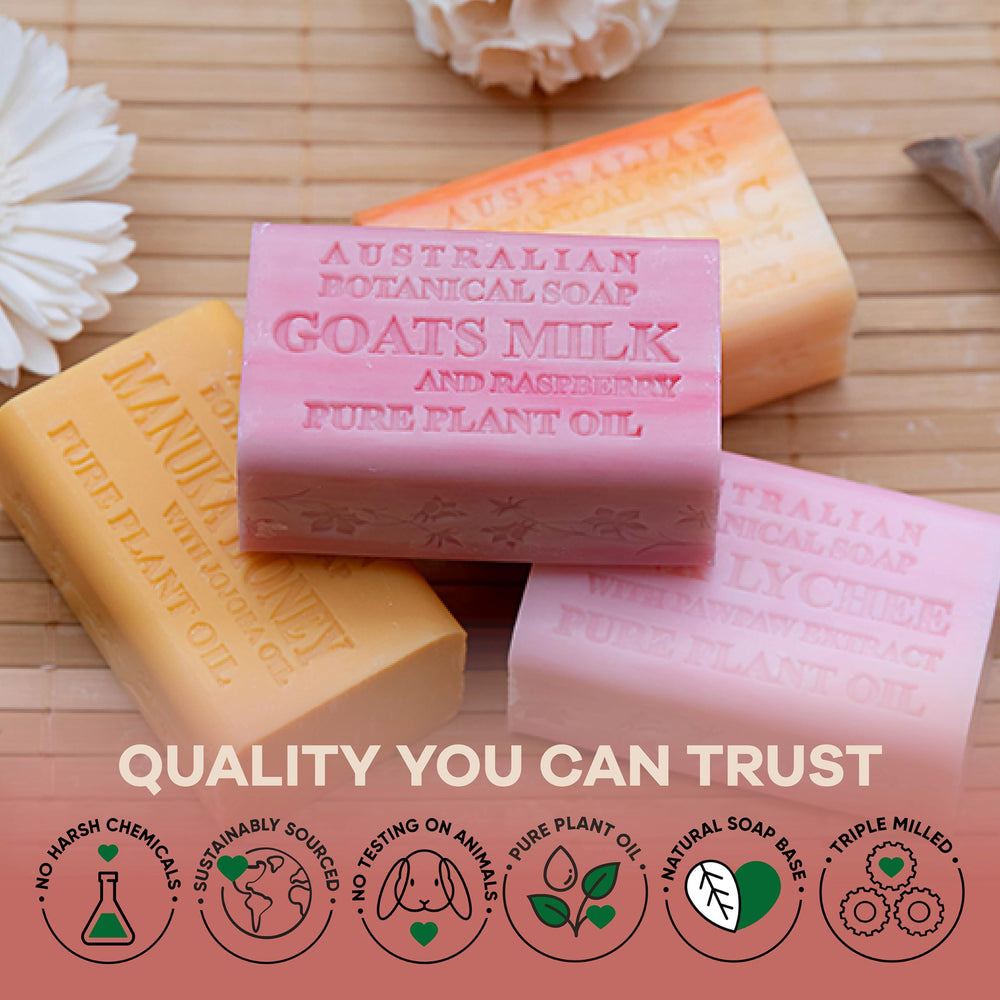 Australian Botanical Goat Milk Soap Shea Butter enriched for hydration and softness.