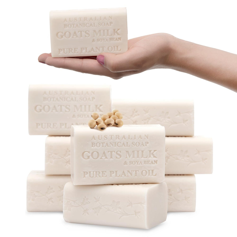 Australian Botanical Soap goat milk bar pack8 closeup showing nourishing cleansing for sensitive skin.