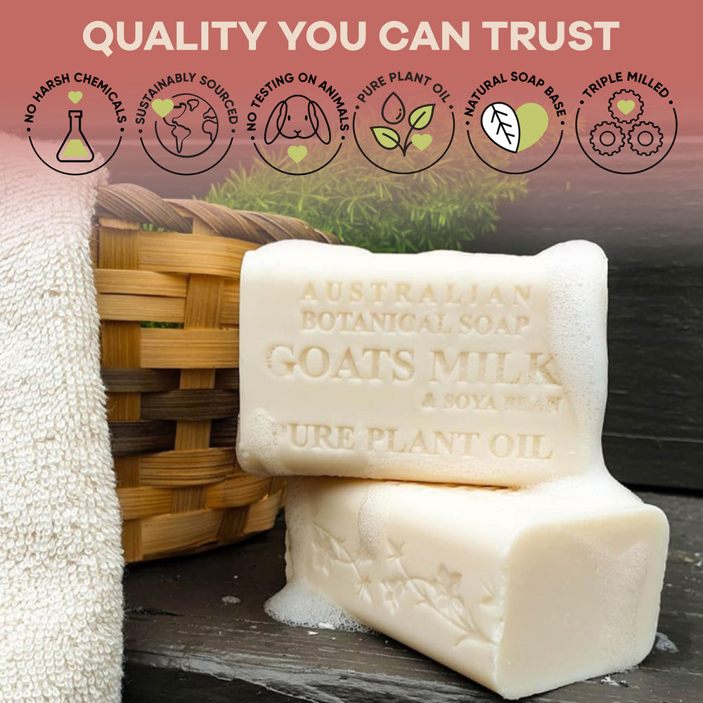 Australian Botanical Soap goats milk bar ingredients show shea butter and soybean oil benefits.