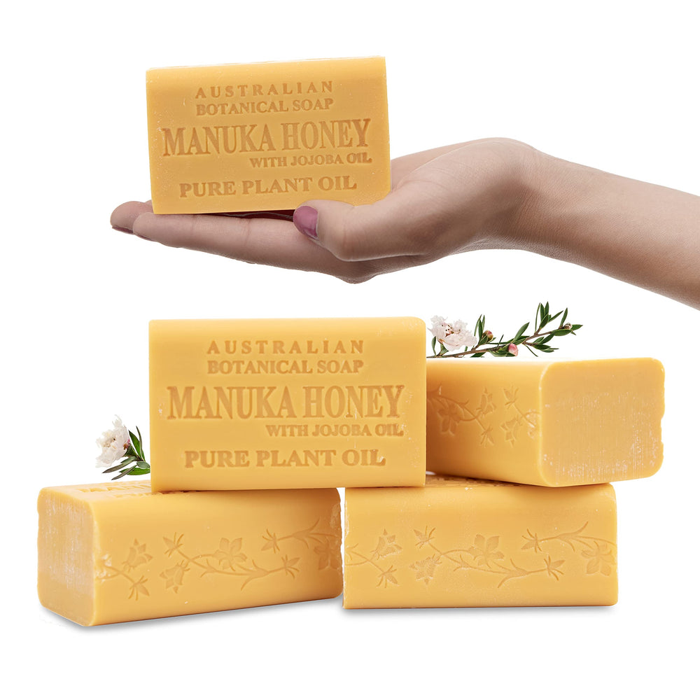 Australian Botanical Soap Manuka Honey Jojoba Bar Closeup shows gentle cleansing with hydrating Manuka honey