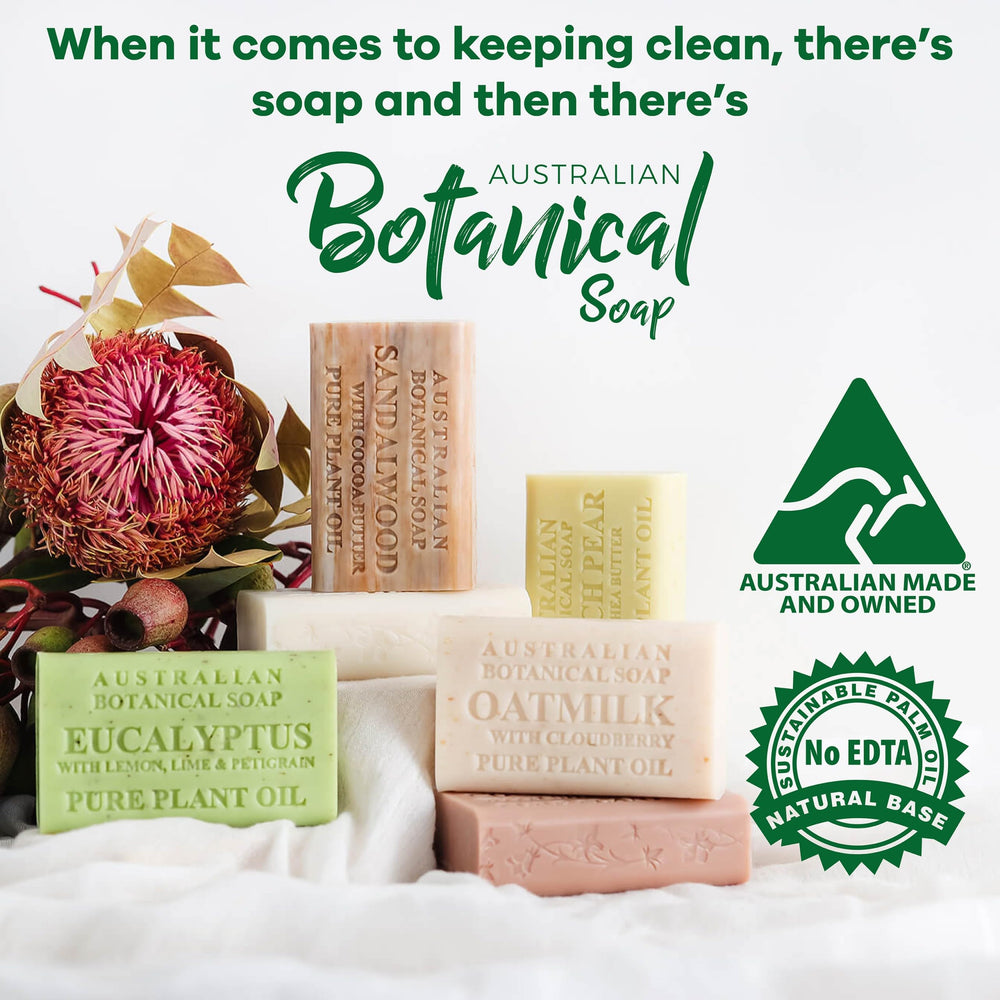 Australian Botanical Soap variety-pack display of eight bars for face, hands, and body.
