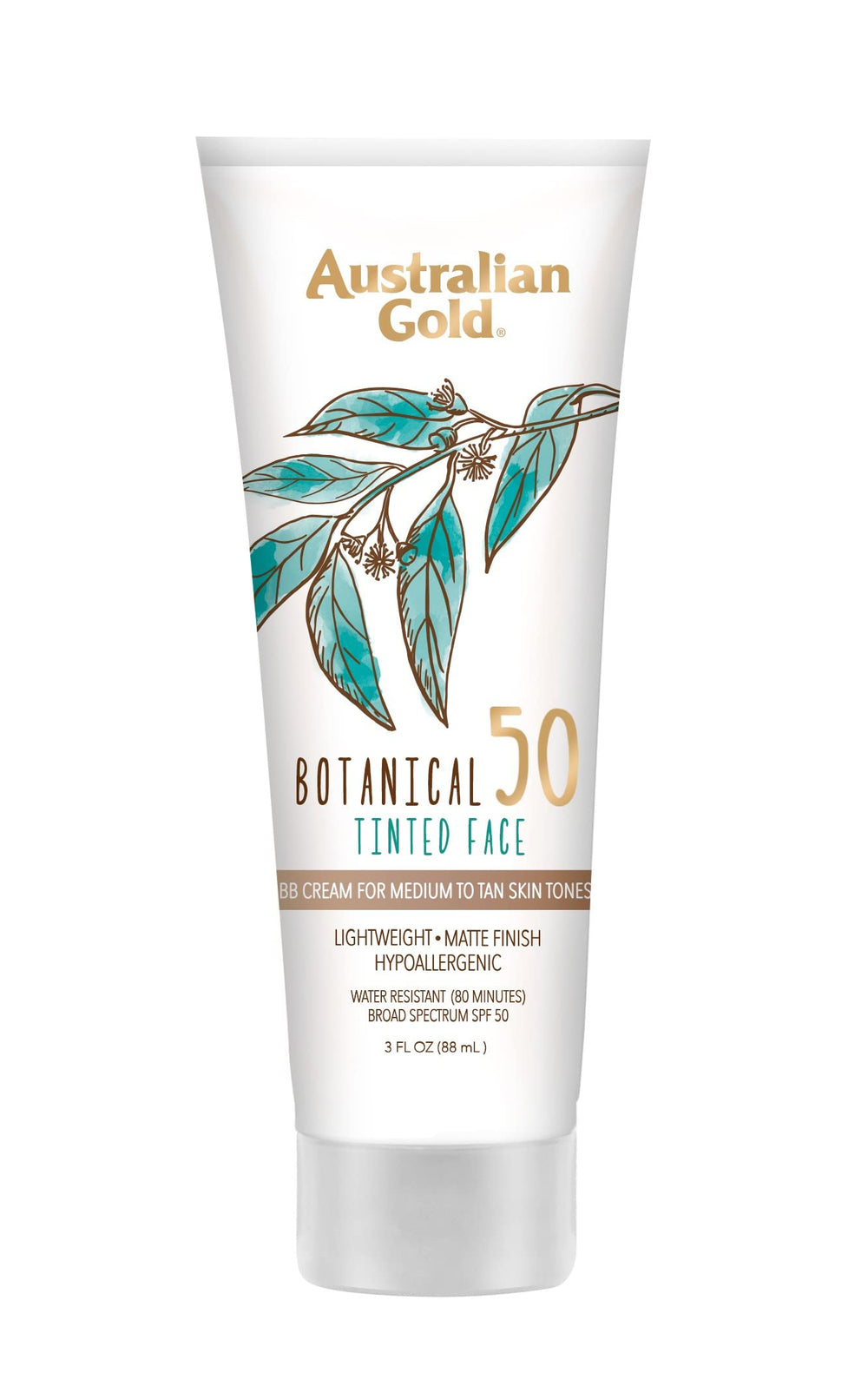 Australian Gold Botanical SPF 50 tinted sunscreen bottle for mineral protection and matte finish