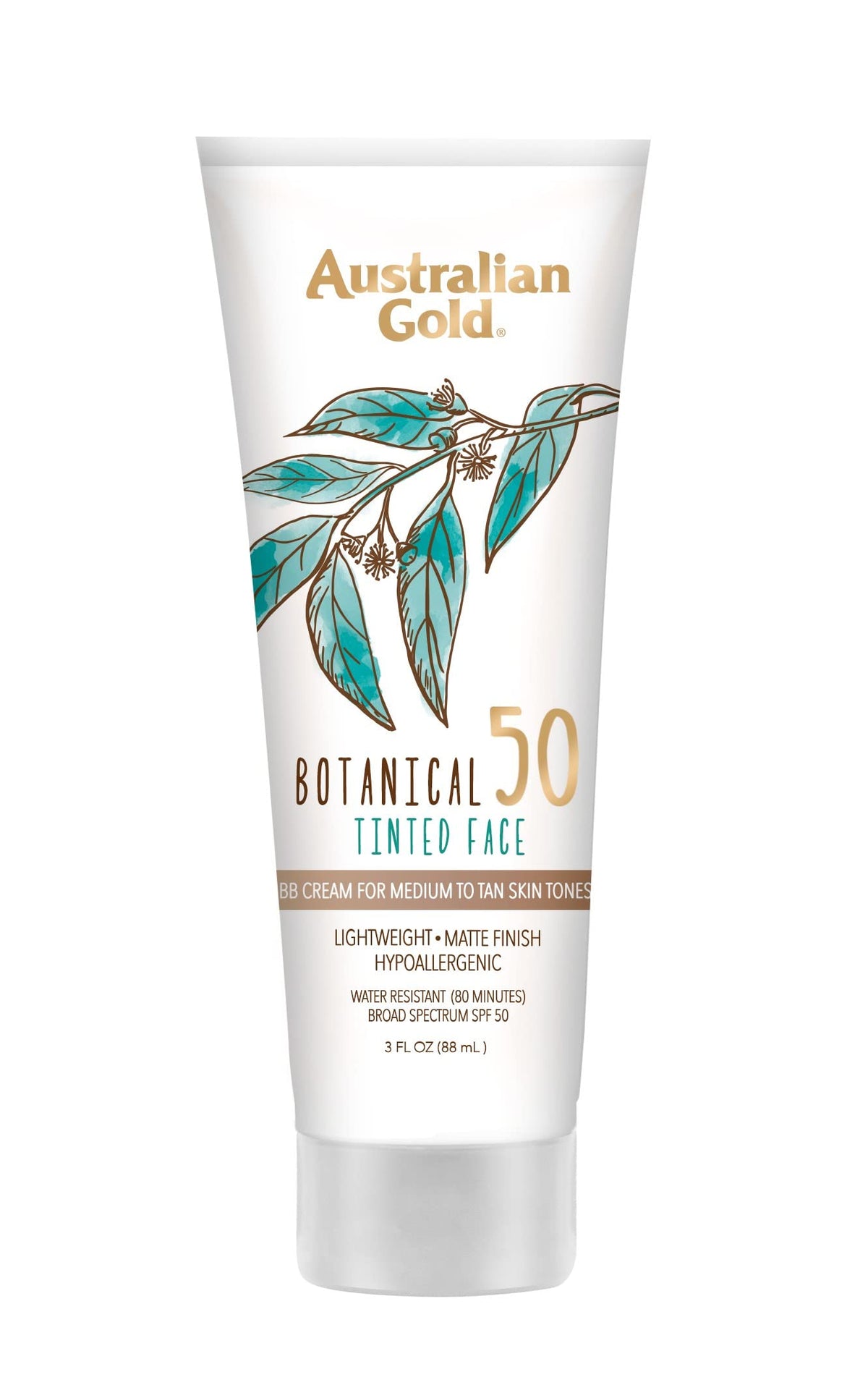 Australian Gold Botanical SPF 50 tinted sunscreen bottle for mineral protection and matte finish