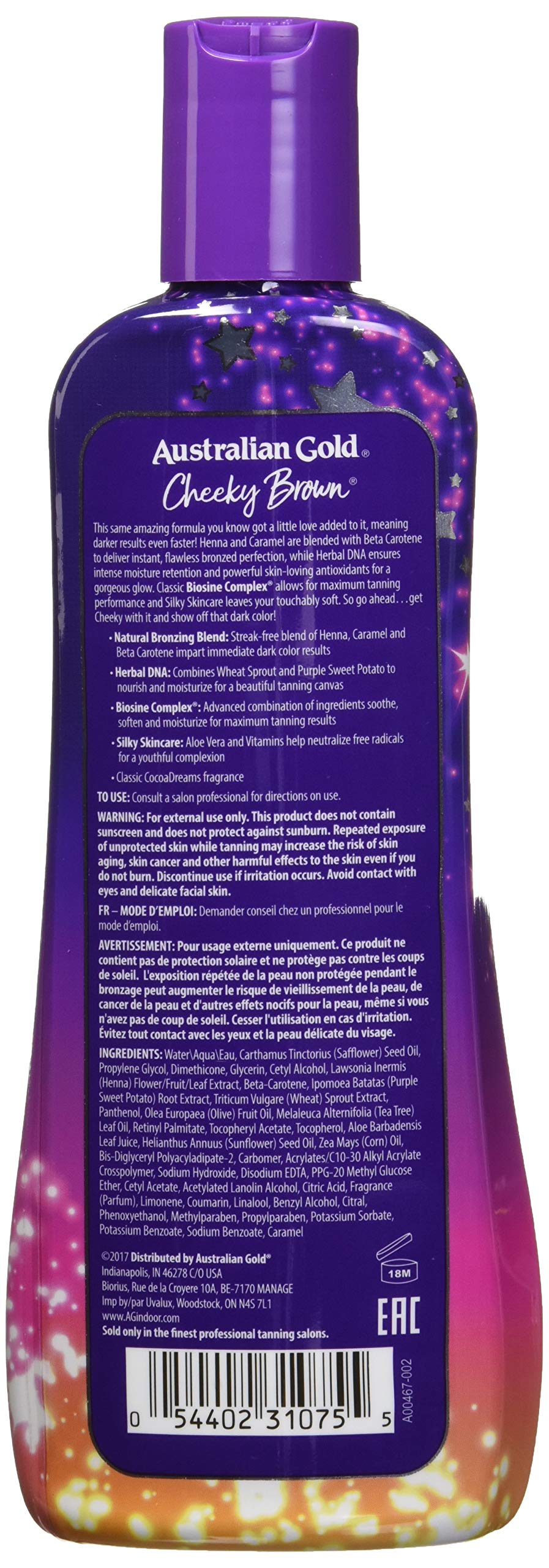 Australian Gold Cheeky Brown Accelerator in use for tanning session with cocoa scent notes.