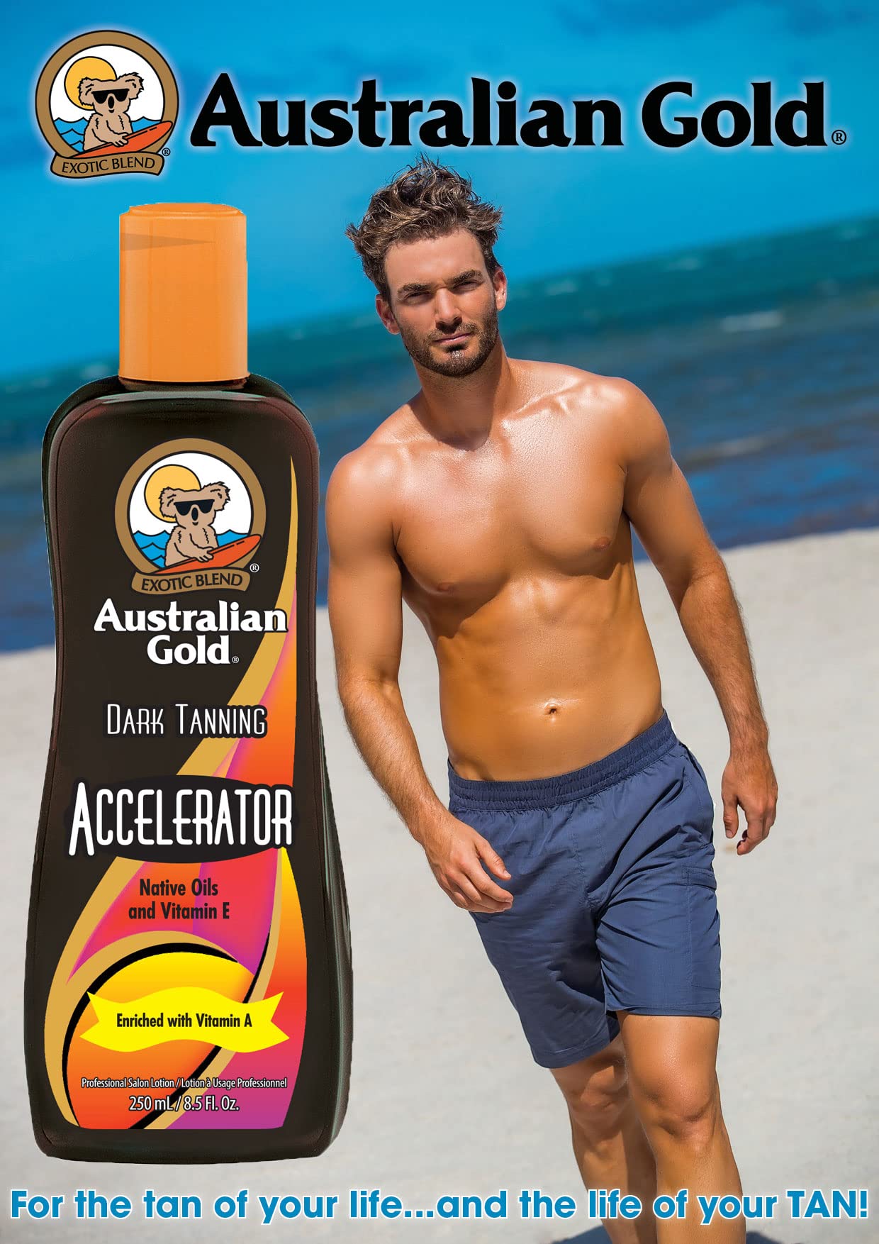 Australian Gold cocoa dreams fragrance bottle conveys long-lasting tropical scent.