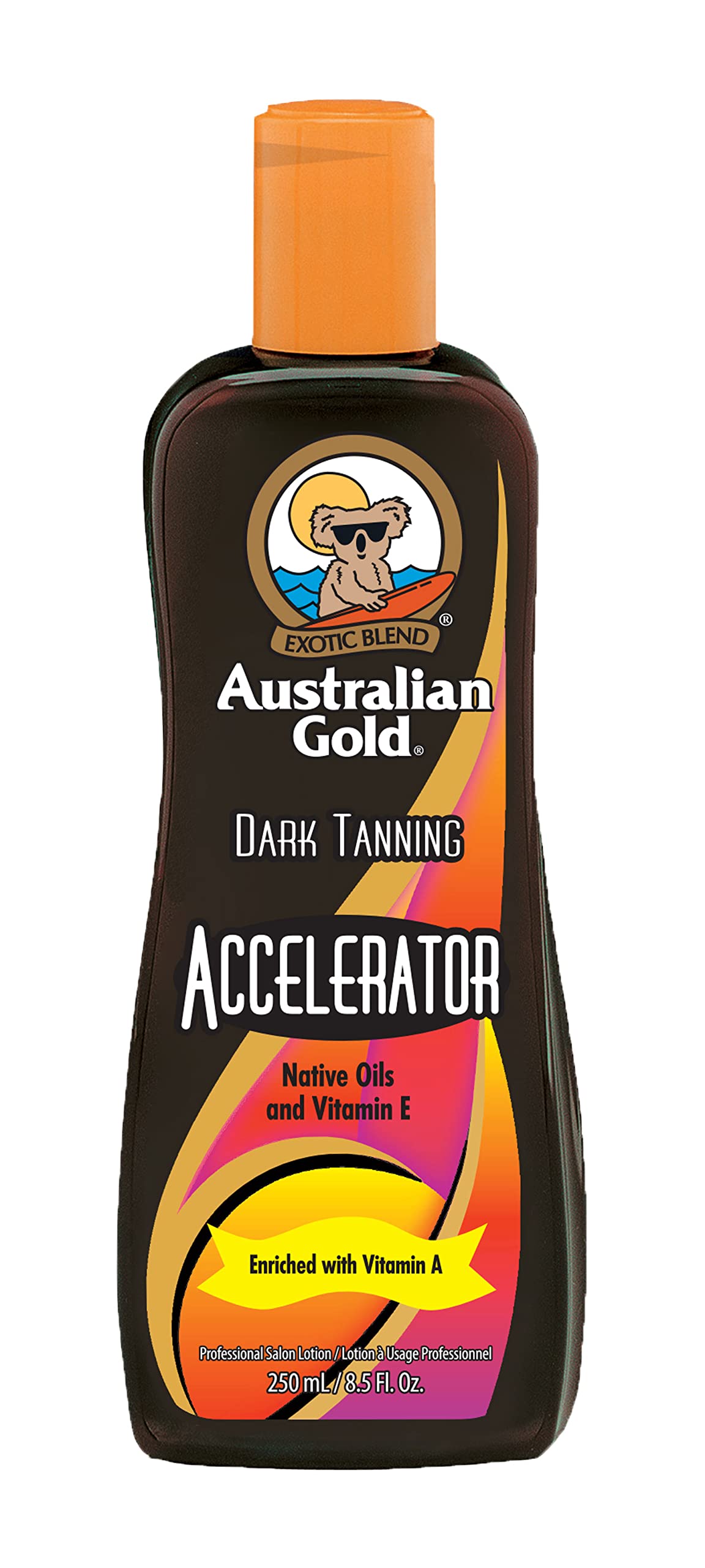 Australian Gold dark tanning accelerator lotion bottle shows sun-ready glow and smoother skin prep.