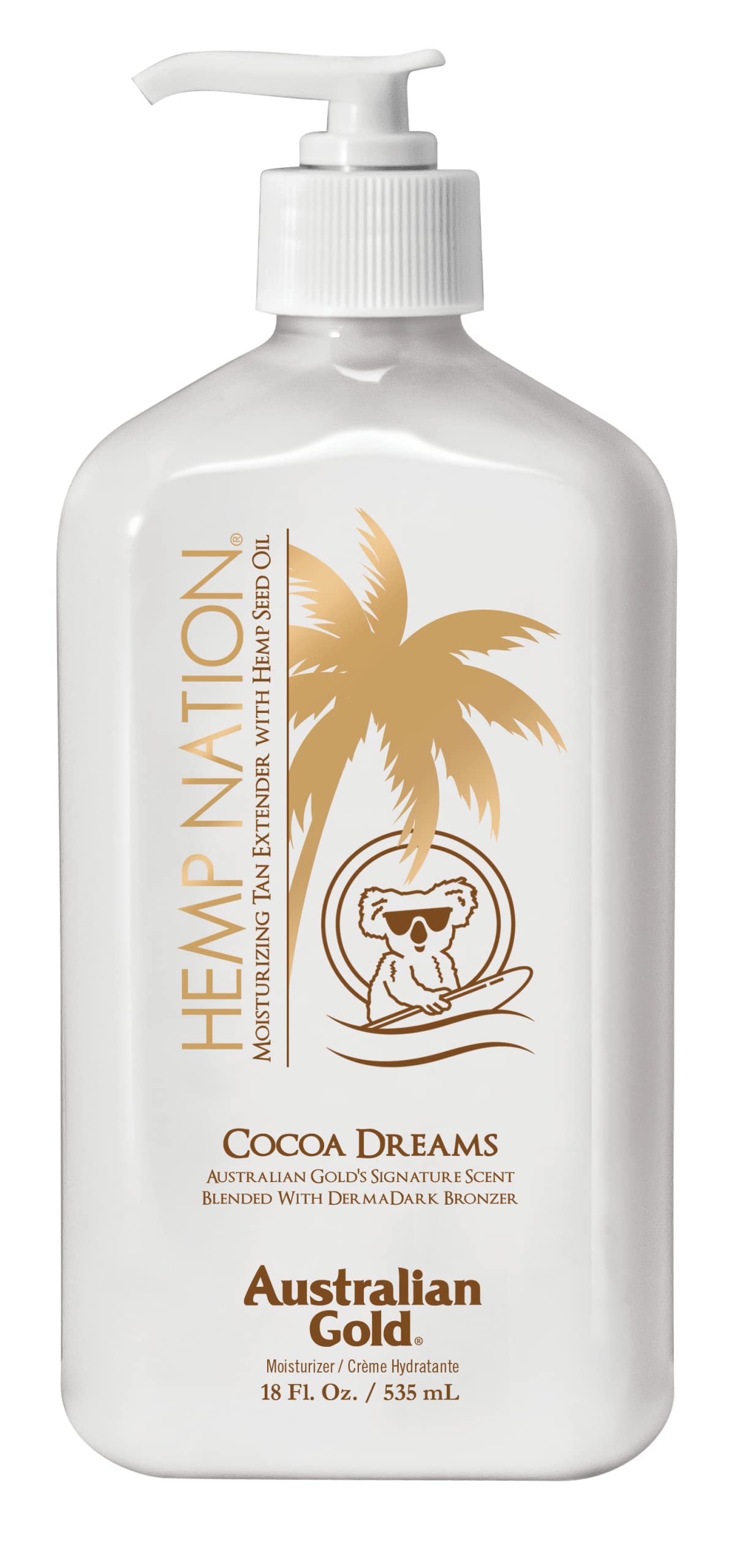 Australian Gold Hemp Nation Cocoa Dreams bottle close-up highlights hydrating tan extender benefits