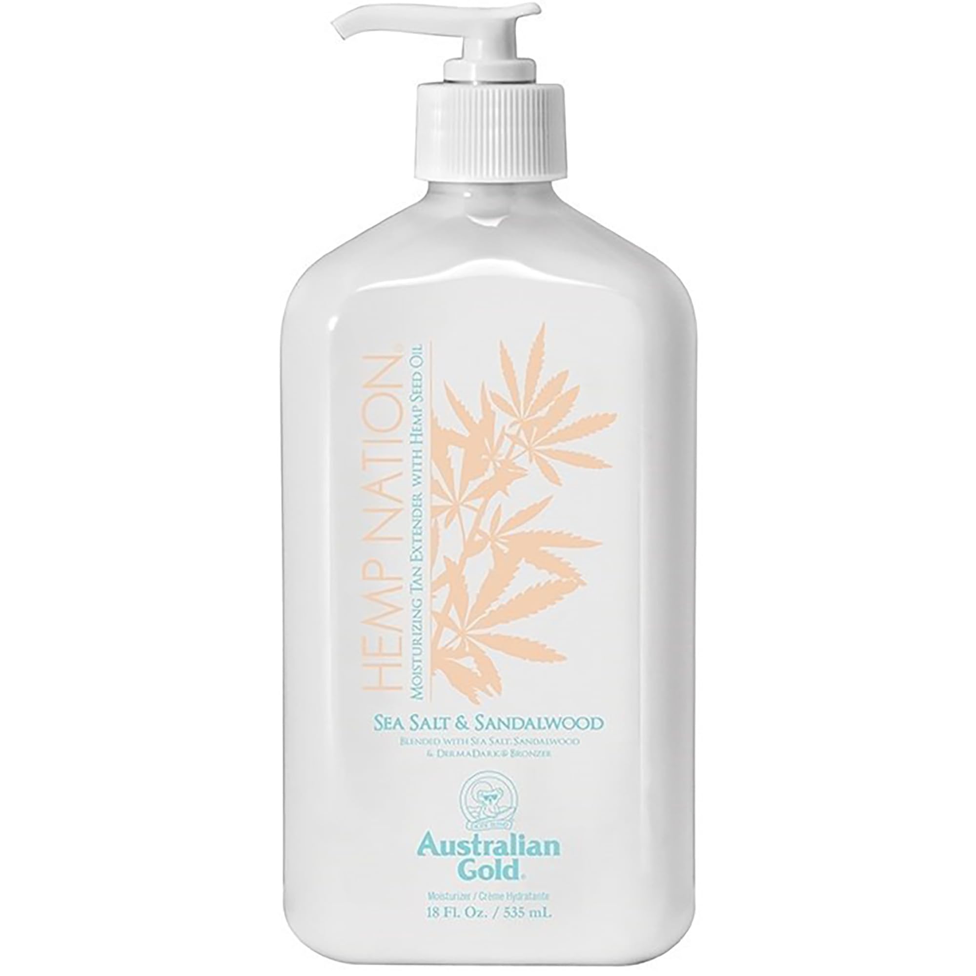 Australian Gold Hemp Nation bottle front shows sea salt and sandalwood scent for tanning routines.