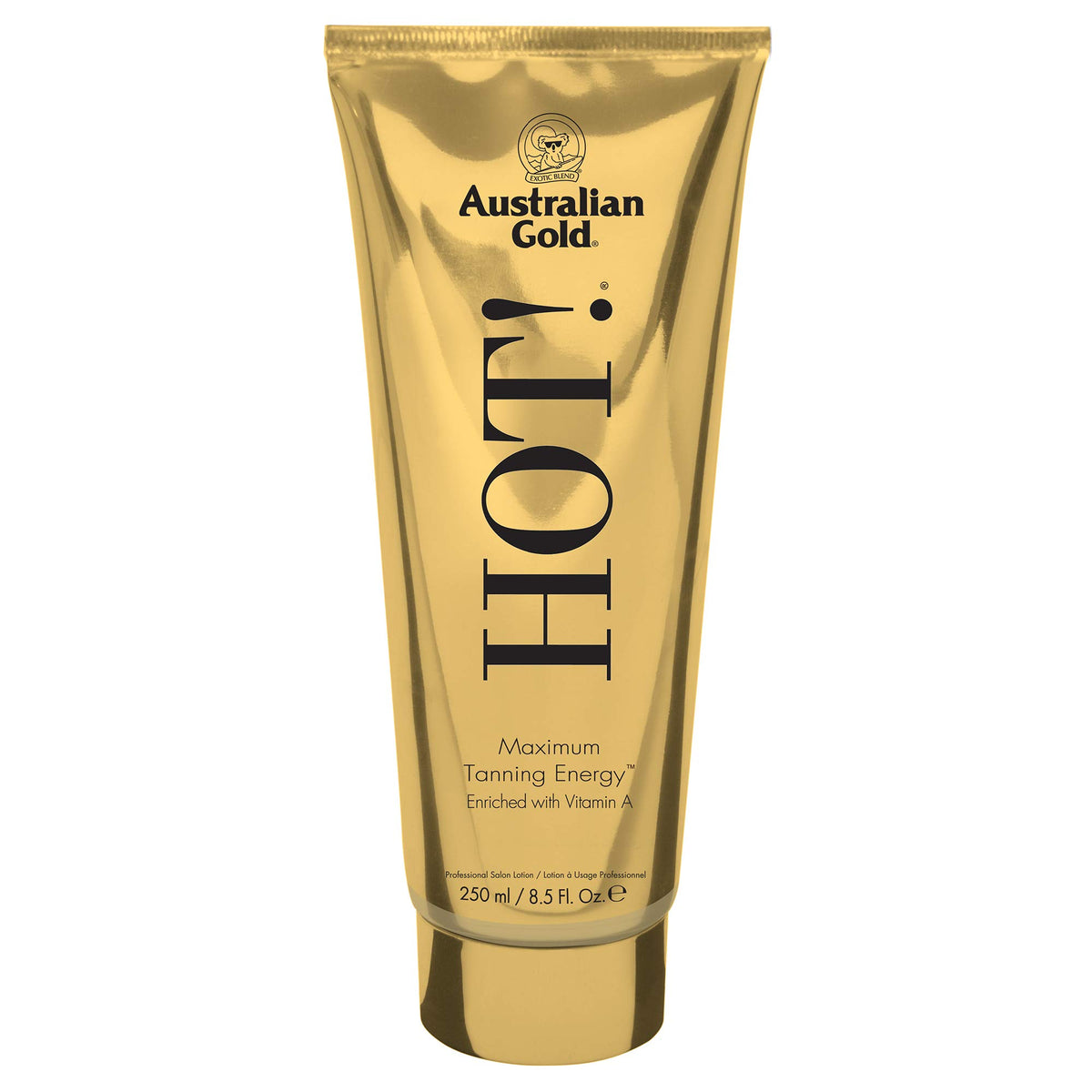 Australian Gold Hot! Tanning Lotion bottle highlighting moisturizing oils for skin comfort and color development
