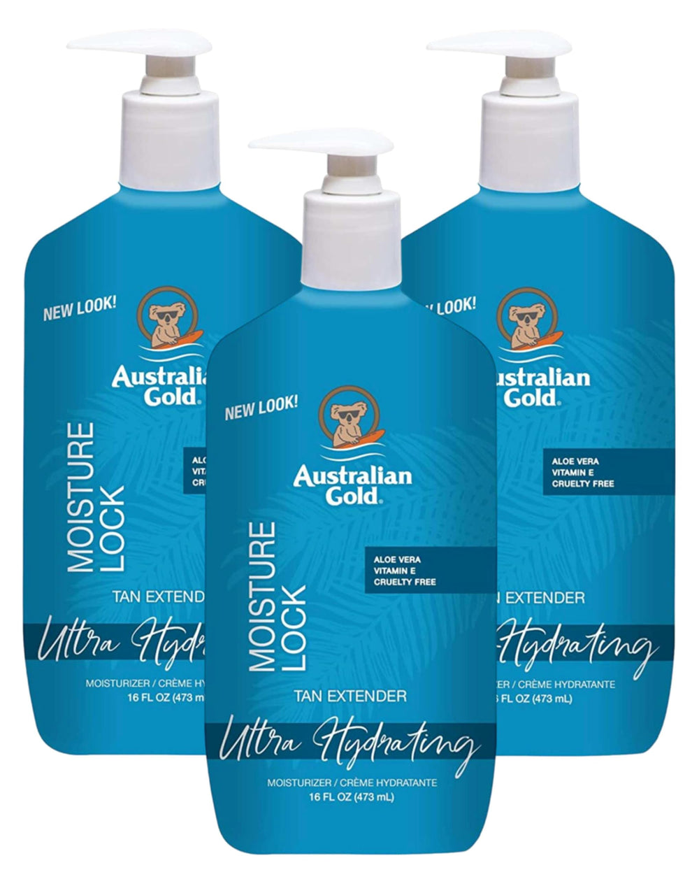 Australian Gold Moist Lock Tan Extender 3-pack packaging for extended supply