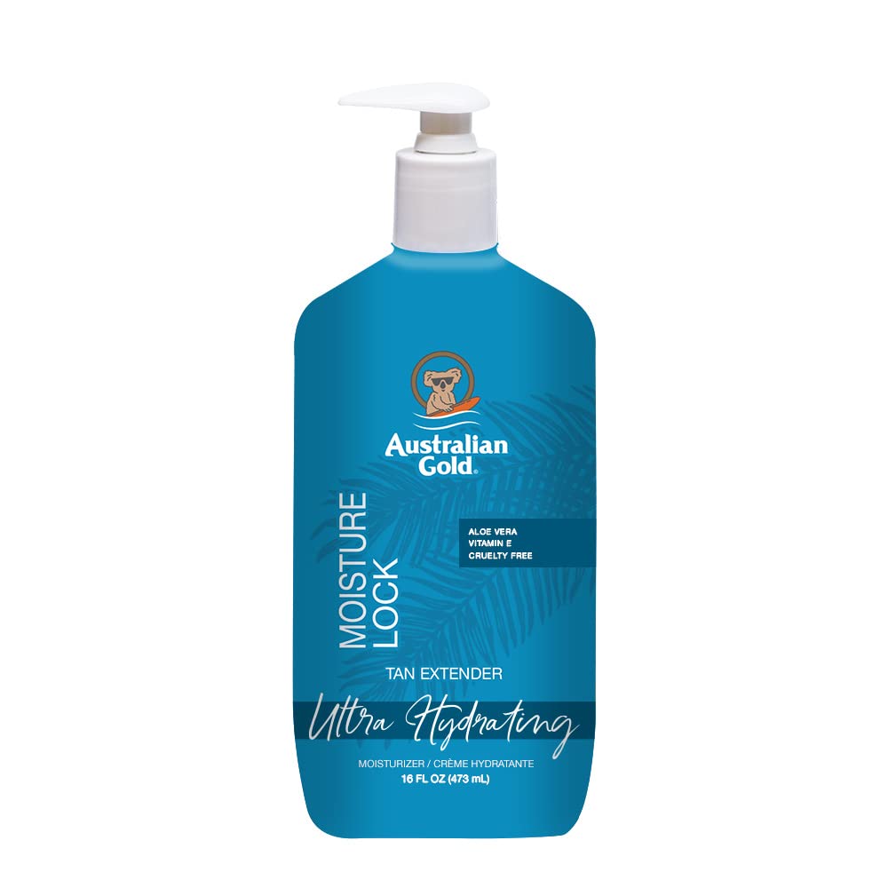 Australian Gold Moisture Lock Tan Extender bottle pour demonstrates hydrating formula to extend your tan.
