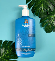 Australian Gold Moisture Lock Tan Extender label detail communicates free-from ingredients and antioxidant benefits.