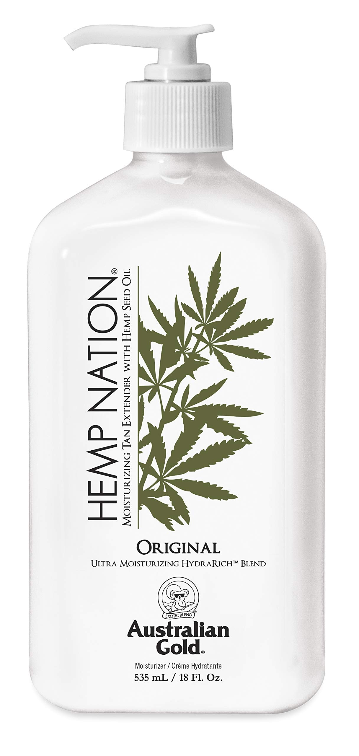 Australian Gold Original Hemp Nation Tan Extender lotion bottle promotes hydration and a longer-lasting tan