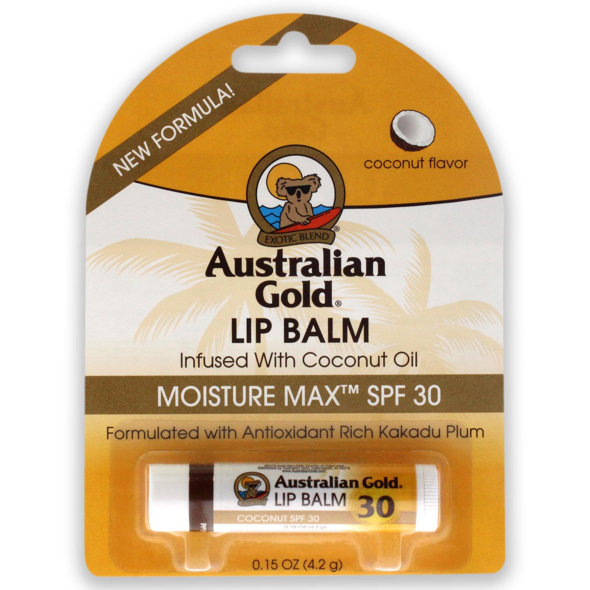 Australian Gold SPF30 lip balm tube provides sun protection and coconut flavor for on-the-go hydration.