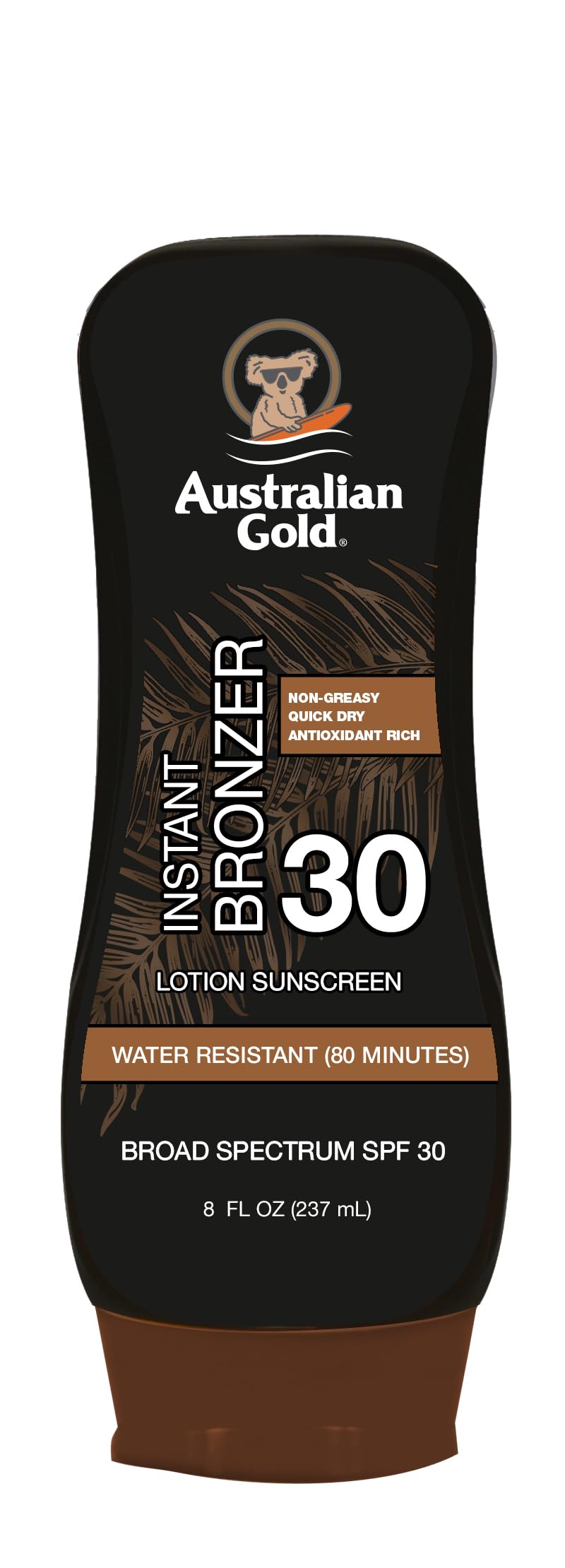 Australian Gold sunscreen lotion bottle shows SPF 30 hydration for daily outdoor protection.